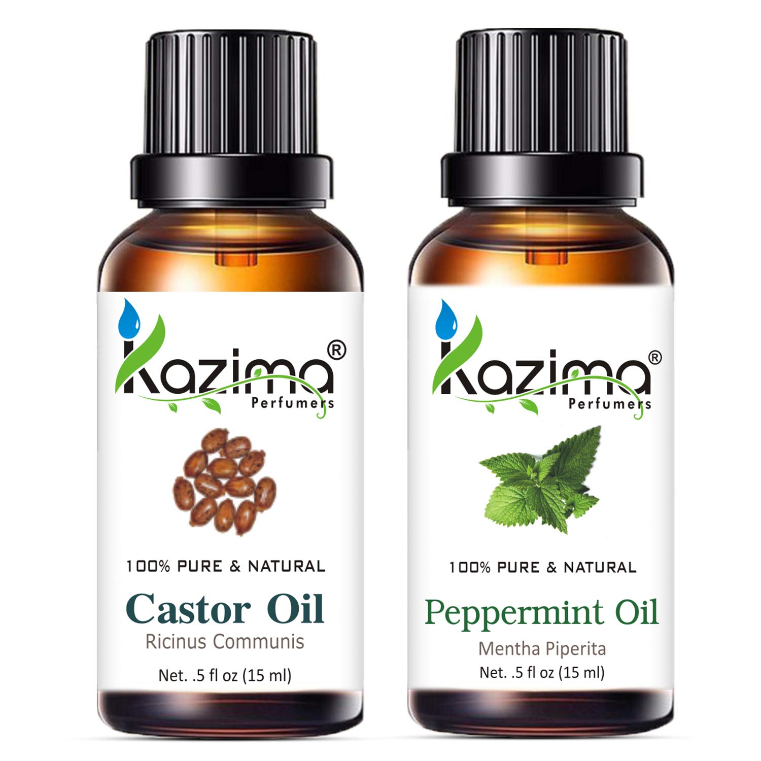 KAZIMA 100% Pure & Natural Castor Carrier Oil and Peppermint Essential Oil Combo (15ml Each) - Moisturizes Scalp, Controls Dandruff, Promotes Hair Growth & Skin Hydration | Perfect for DIY Hair Care, Aromatherapy & Massage Treatments