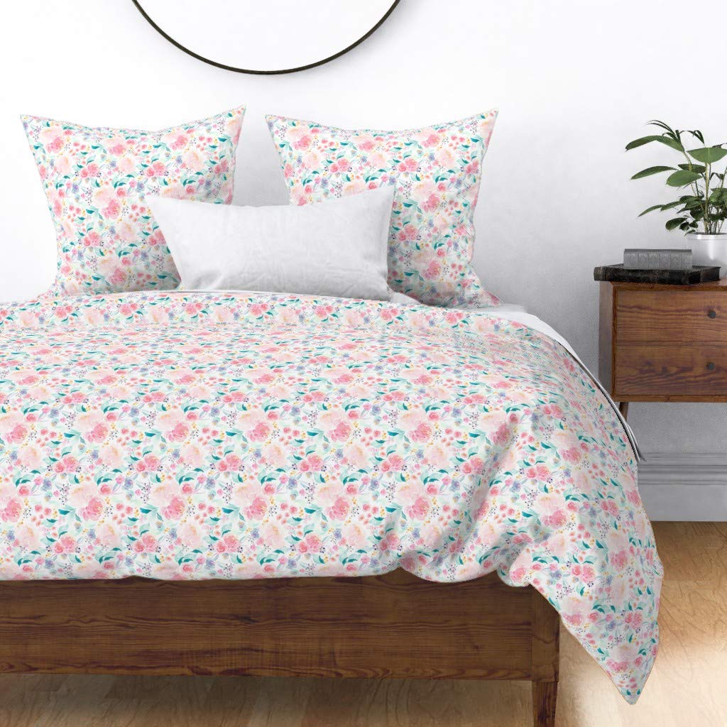 Custom Bloom Mermaid Floral Watercolor Botanical Print Cotton Sateen Duvet Cover for Twin Bed | Nursery & Girls Room Decor | Soft Bedding for Baby & Kids