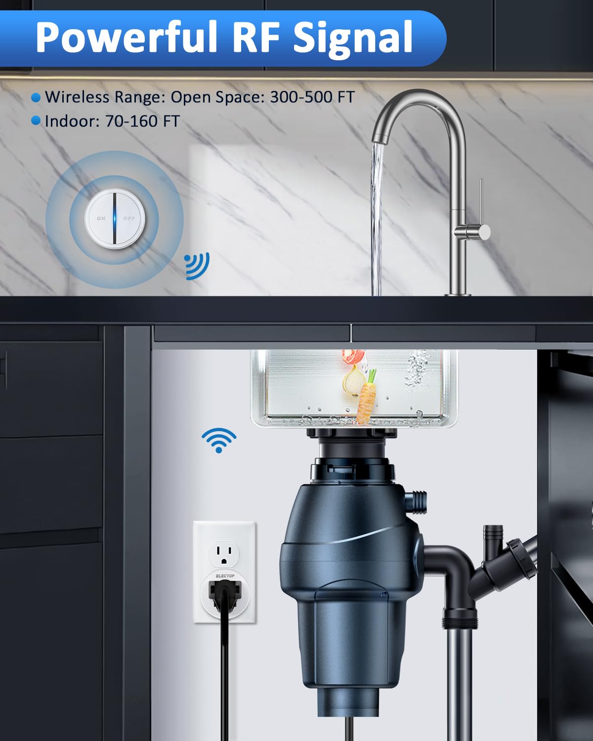 **ElecTop Wireless Garbage Disposal Switch Kit – No Drilling Remote Control Outlet, 15A/1500W, Sink Top Button for Waste Disposal – Perfect for Kitchen Sink & Home Renovation**