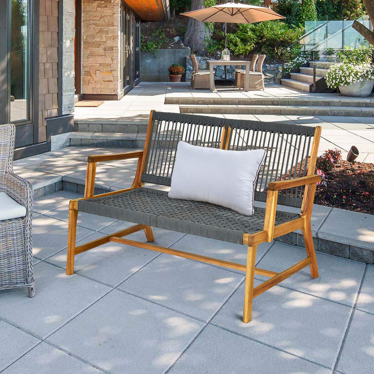 2-Person Acacia Wood Outdoor Patio Bench with Backrest & Armrest - Gray Weather-Resistant Loveseat for Garden, Porch, Poolside, Balcony - Perfect for Relaxing and Entertaining Outdoors