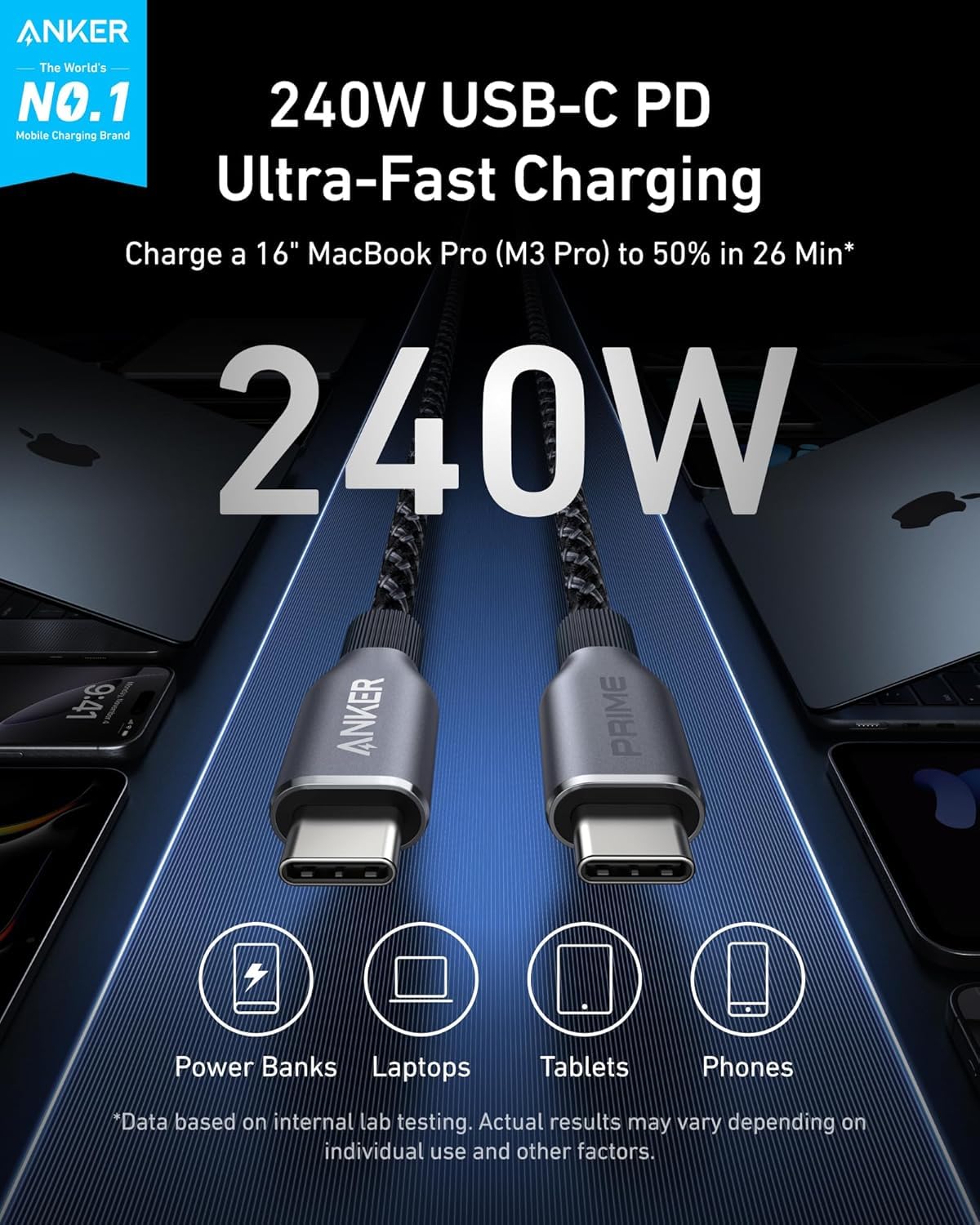 Anker Prime 240W USB C to USB C Cable 6FT - Fast Charging Type C Cable with Upcycled Braided Nylon & 100-Year Bend Durability - Compatible with iPhone 16 Series, MacBook, Galaxy S24 - Perfect for Home, Office and Travel Charging
