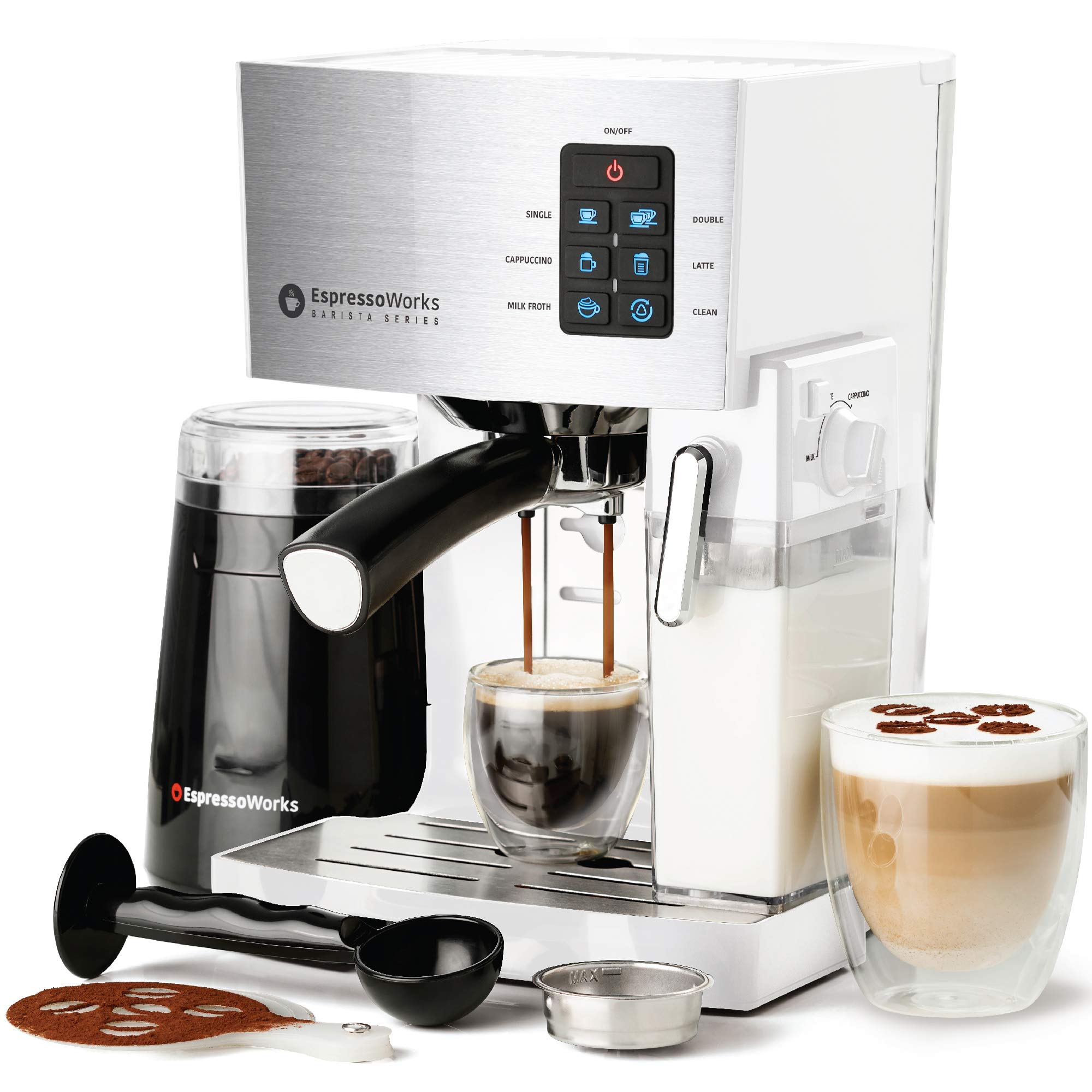 EspressoWorks 19-Bar Professional Espresso Machine with Milk Frother - 10-Piece Coffee Maker Set for Latte & Cappuccino - 1250W One-Touch Brewing System - Perfect White Coffee Machine for Home & Office Use