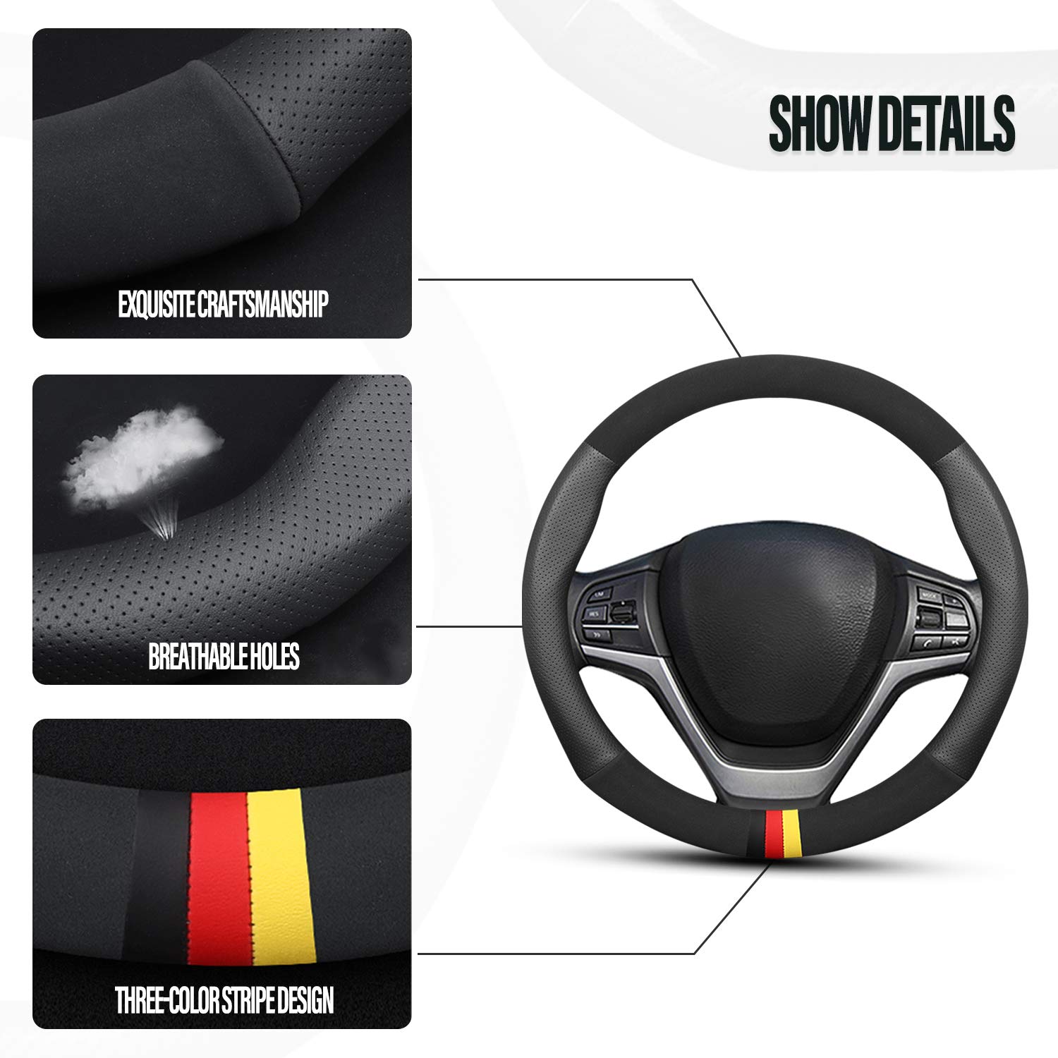 Ergocar Sport Microfiber & PU Leather Steering Wheel Cover - Non-Slip Grip, Universal Fit for 38cm (15