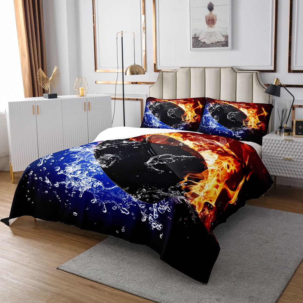 Ice Hockey Quilted Bedspread Set - Hockey Player Themed Queen Size Bedding for Kids, Boys, Girls & Teens - Sports Decor for Bedroom, Dorm Room & Game Room - Perfect for Hockey Fans & Sports Enthusiasts