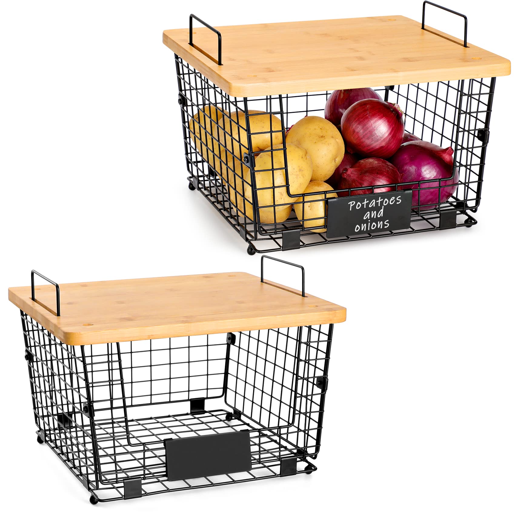 2-Pack Stackable Wire Baskets with Bamboo Lids - Kitchen Counter & Pantry Storage Organizer for Fruits, Vegetables, Onions, Potatoes, Bread & Snacks - Perfect for Cabinet, Shelf, Countertop or Floor Storage - Ideal for Kitchen, Dining Room & Home Organization