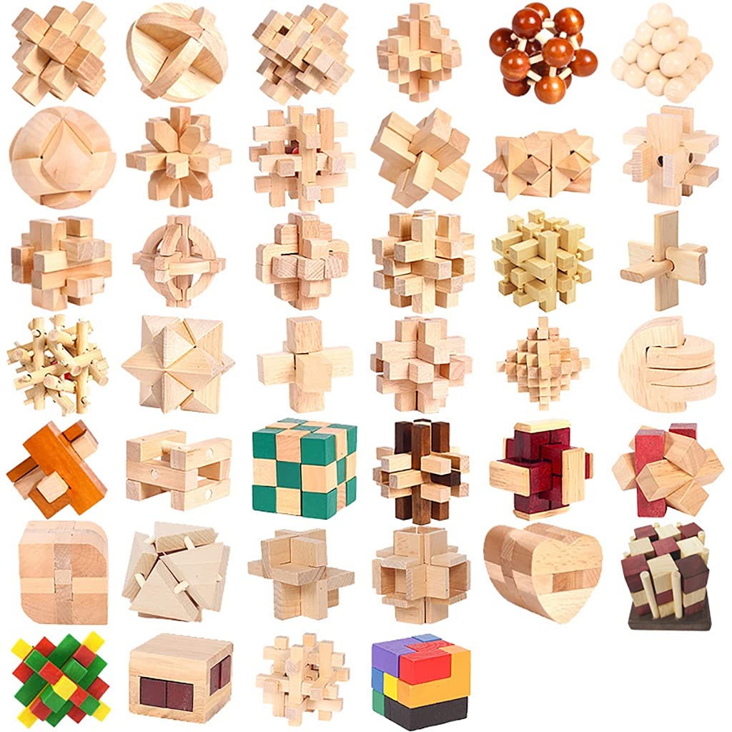 3D Luban Lock Wooden Puzzle Brain Teaser - Stress Relief & Educational Toy for Kids & Adults | Kongming Lock Interlocking Building Blocks | 40pcs Hemu Theaceae Color | Perfect for Office Desk, Classroom, and Family Game Night