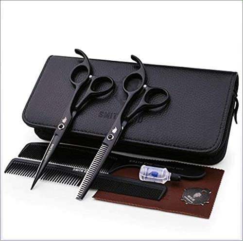 Professional Hair Cutting Scissors Set - 5.5 Inch Barber Shears with Teeth for Home & Salon Use - Styling, Trimming & Thinning Hair - Black Hairdressing Scissors for Men & Women
