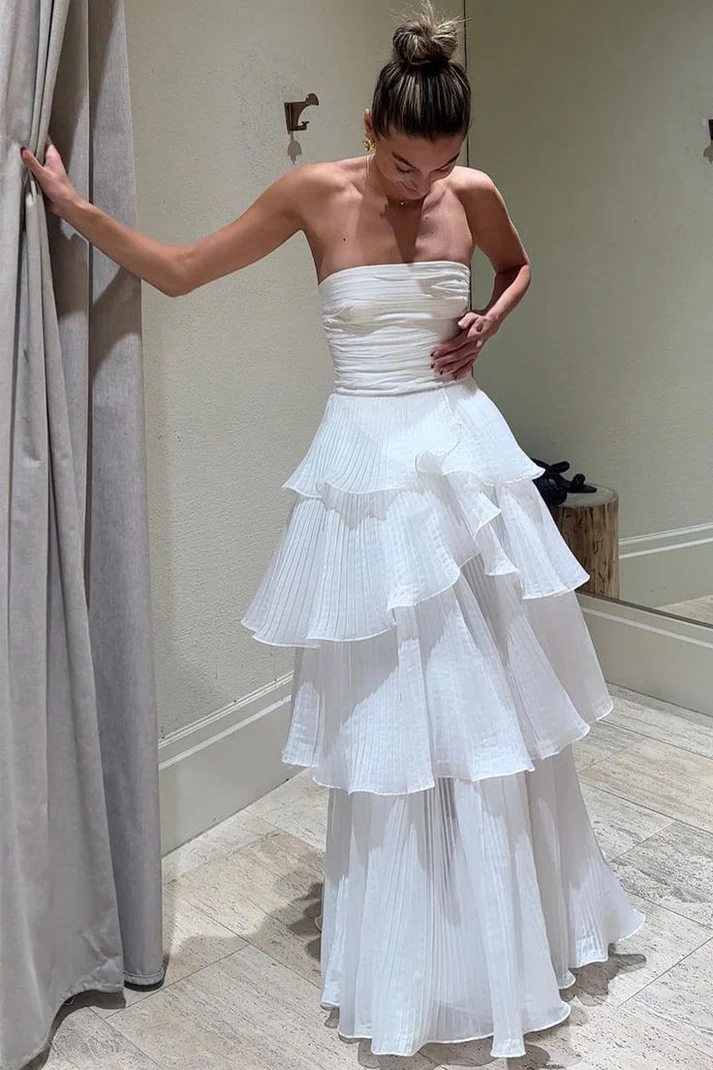 Elegant White A-Line Tiered Prom Dress for Birthday Party & Evening Events - J6596 | Perfect for Homecoming, Formal Dances & Special Occasions