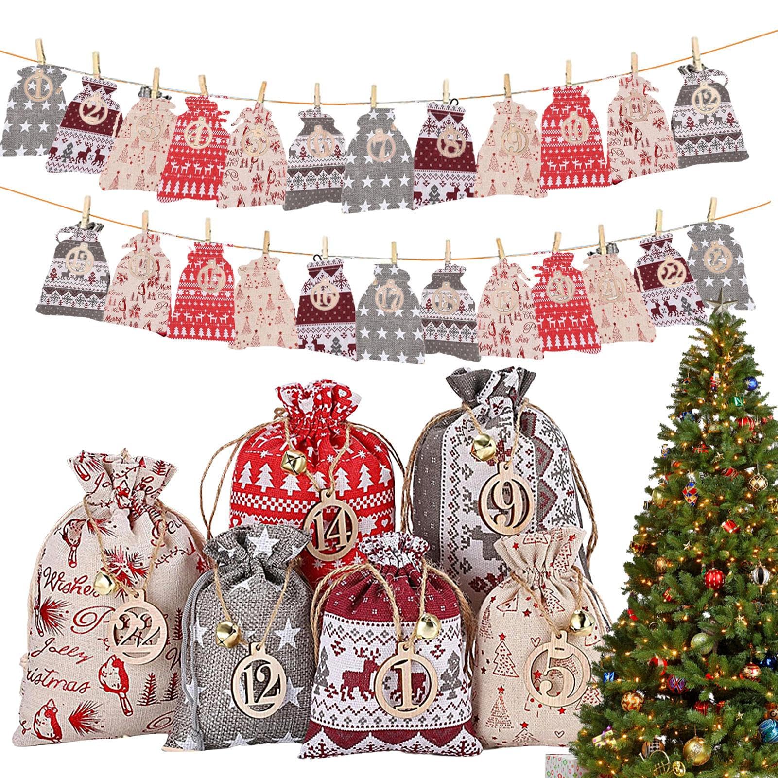 24-Piece DIY Jute Fabric Advent Calendar Bags Set with Clip & Rope - Fillable Christmas Countdown Bags for Holiday Decorations, Gift Wrapping, and Festive Party Favors