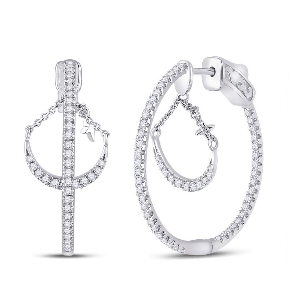 14K White Gold Women's Round Diamond Dangle Hoop Earrings 1 CTTW - Elegant Everyday Jewelry for Parties, Weddings & Special Occasions