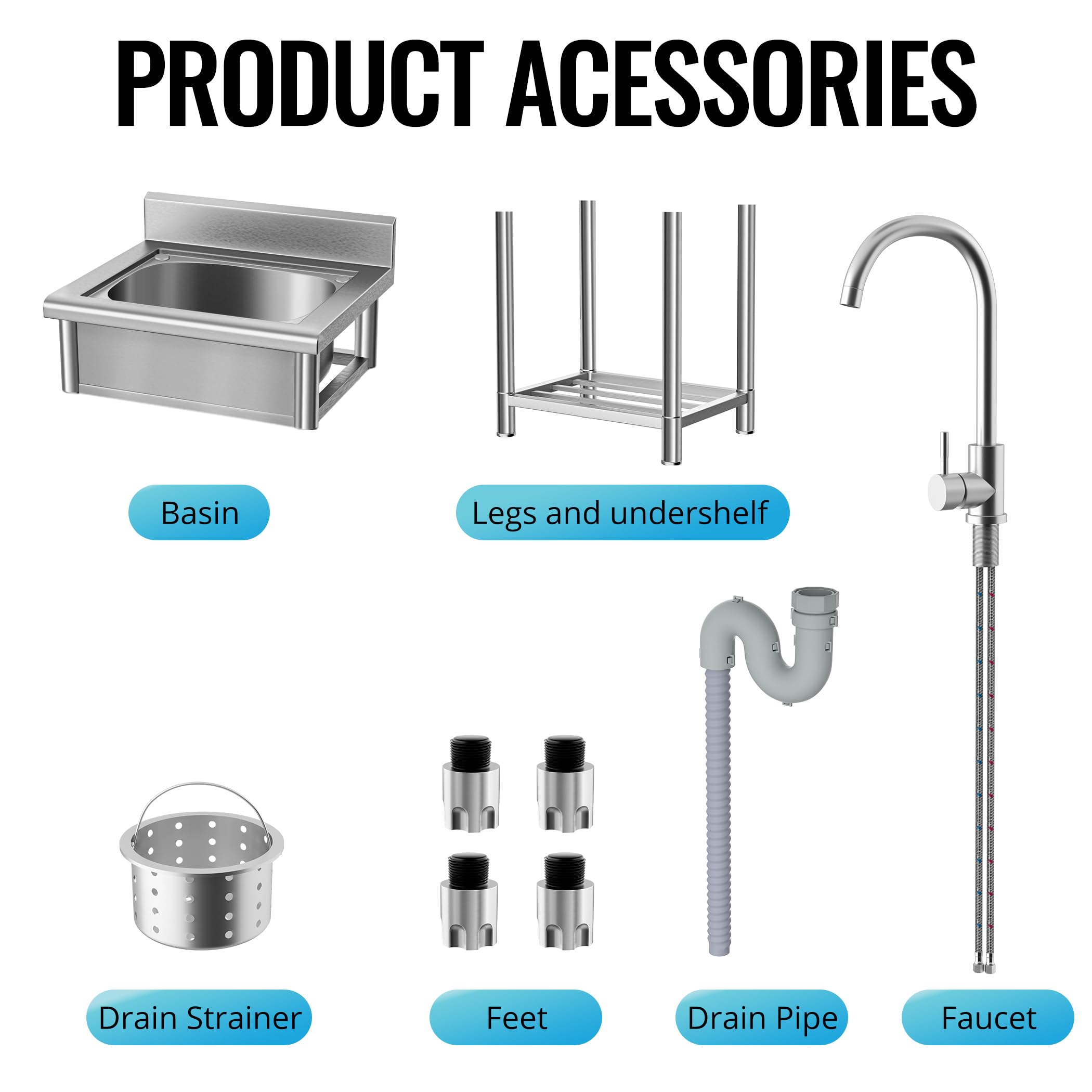 Stainless Steel Utility Sink with Single Bowl - Free Standing Kitchen Sink for Laundry Room, Bathroom & Farmhouse | Hot & Cold Water Pipes Included | Perfect for Washing Clothes, Cleaning Tools & Outdoor Use