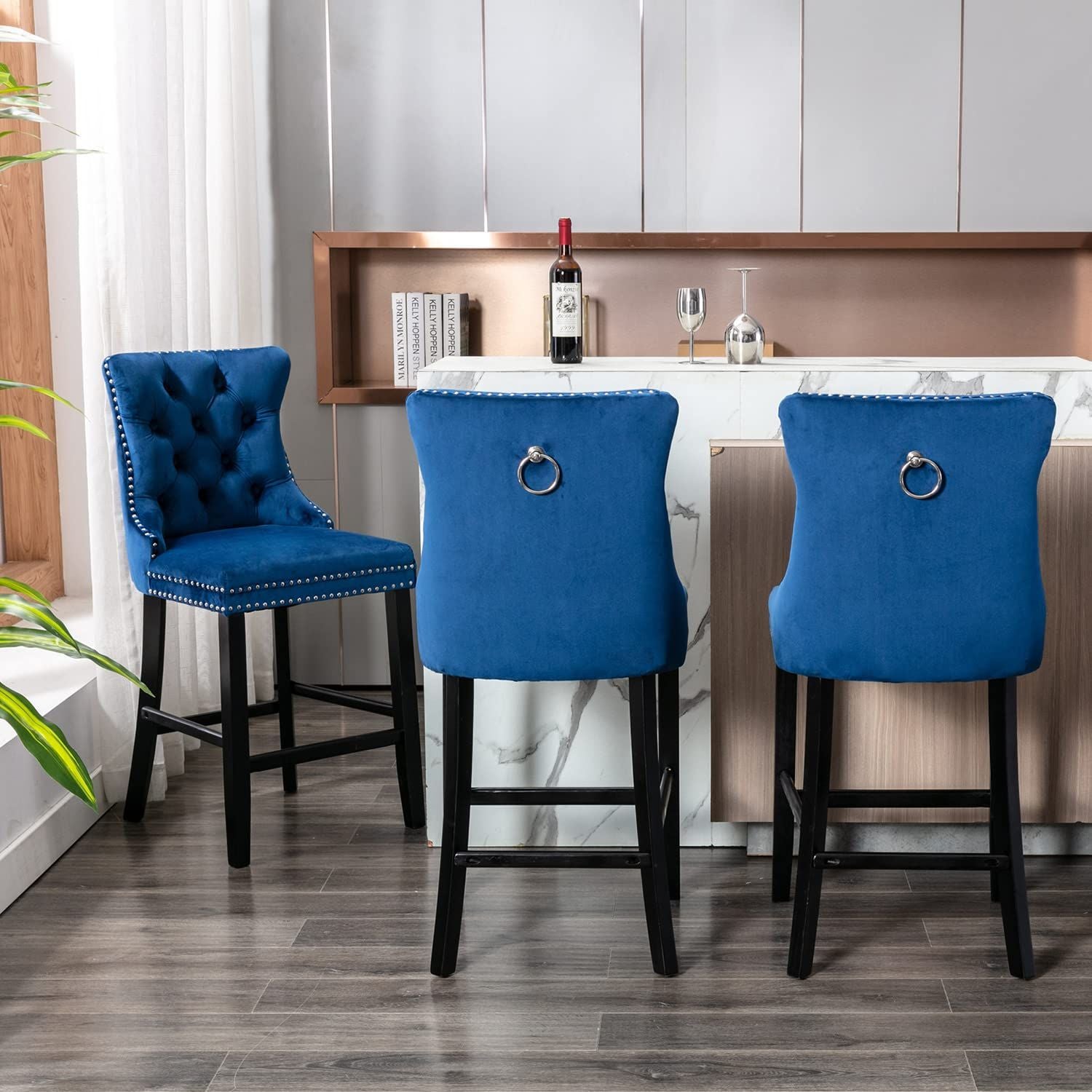 Velvet Bar Stools with Studs Trim & Wooden Legs - Set of 6 Tufted Dining Chairs for Kitchen Counter, Breakfast Nook & Home Bar Decor