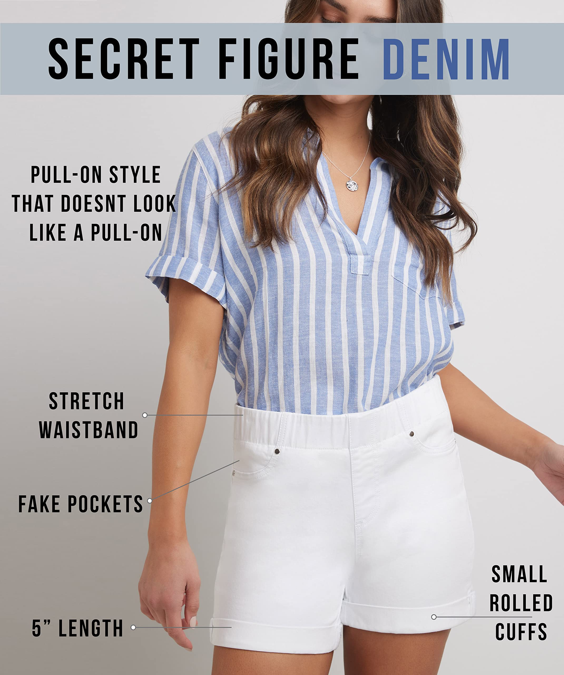 Rekucci Women's 5 Inch Pull-On Denim Shorts with Slim Cuff - Stretchy Secret Figure Jean Shorts for Casual Outings, Summer Wear & Everyday Comfort