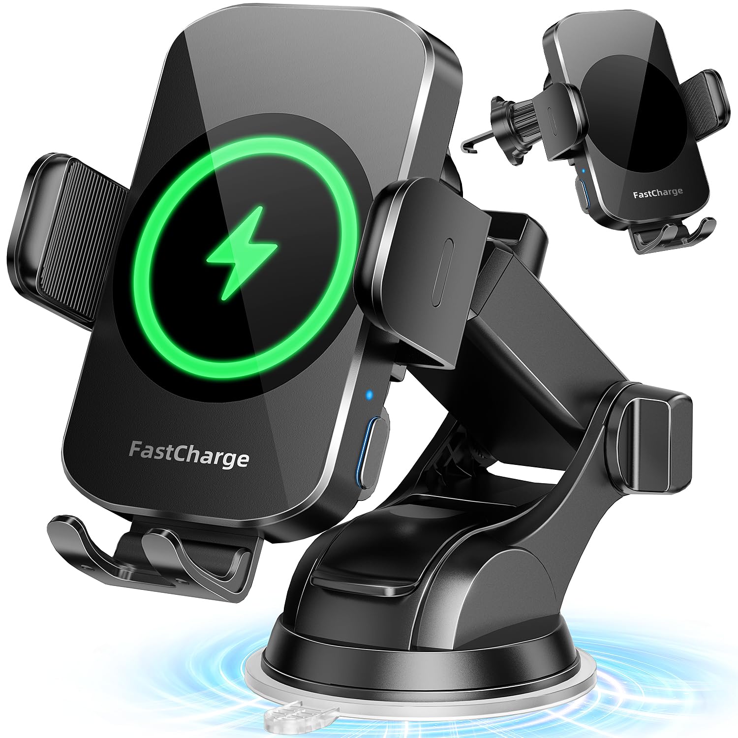 Fast Wireless Car Charger & Phone Holder - 3-in-1 Auto Clamping Car Mount Compatible with iPhone 16/15/14/13/12/11/XS/XR & Samsung S23 Ultra/S22/S21/S20/S10+/S9+/Note 9 - Perfect for Commuting, Road Trips & Hands-Free Driving
