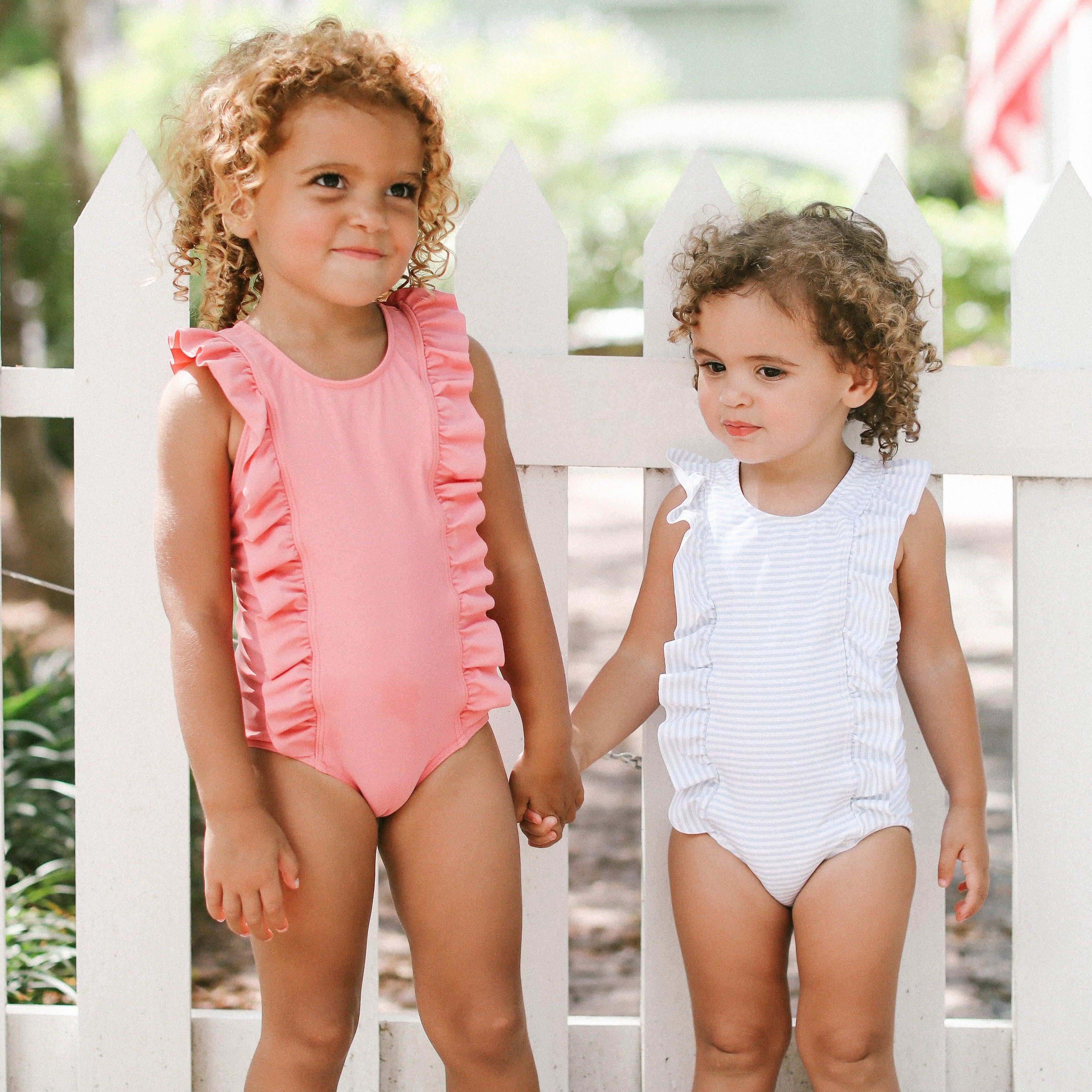 Girls Powder Blue Striped Ruffle One-Piece Swimsuit | Cute & Comfortable Bathing Suit for Toddler & Kids | Perfect for Beach, Pool & Summer Vacations