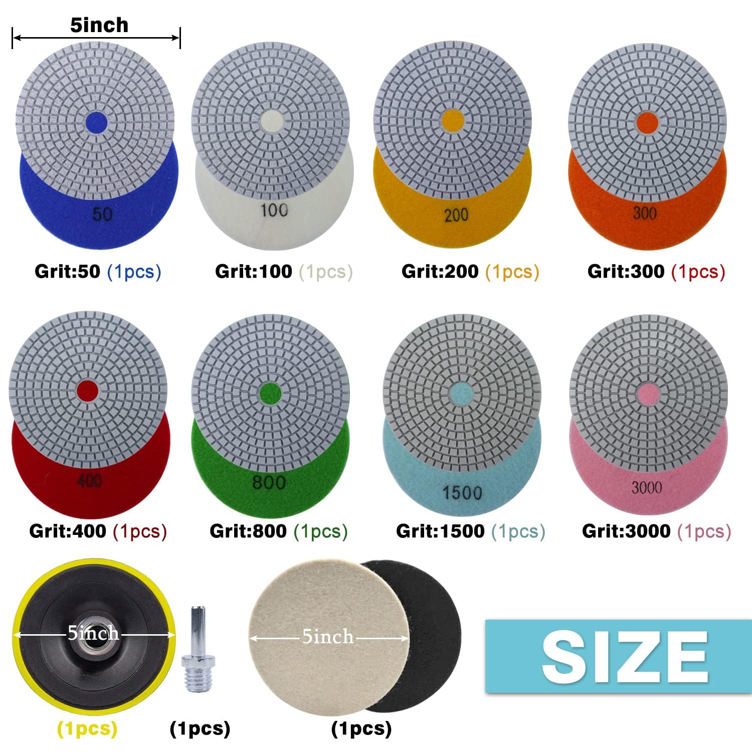 5 Inch Diamond Polishing Pads Set - 10pcs Wet/Dry Concrete Polish Tools with 5/8’’-11 Hook & Loop Backing Pads for Drill, Grinder & Polisher (50-3000 Grit) - Perfect for Marble, Granite, Quartz Stone Countertops & Floor Polishing