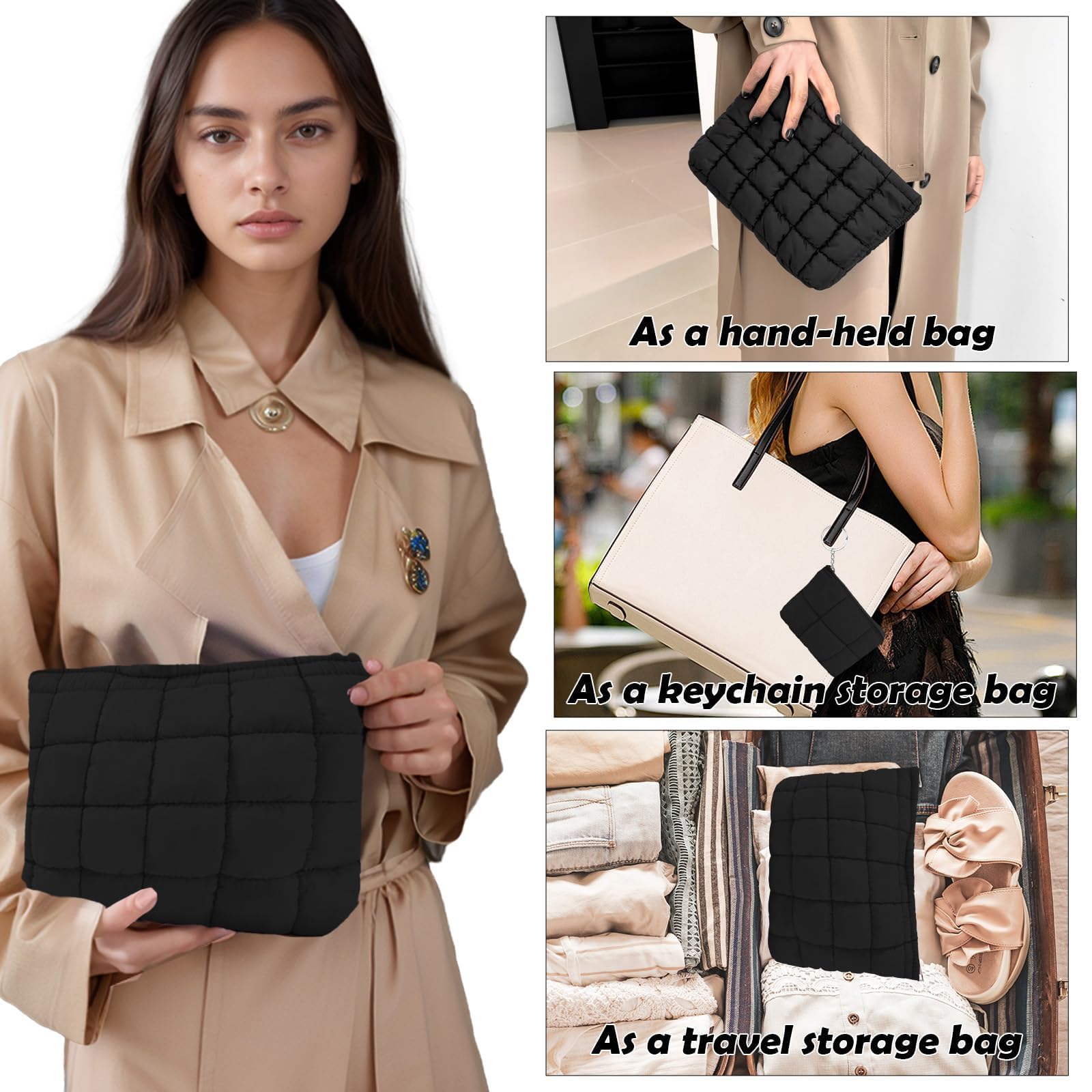 LYDZTION Quilted Makeup Bag Set of 2 - Cute Checkered Cosmetic Organizer for Women & Girls, Travel Toiletry Pouch with Zipper for Skincare & Makeup | Perfect for Travel, Gym, and Daily Use (Black)