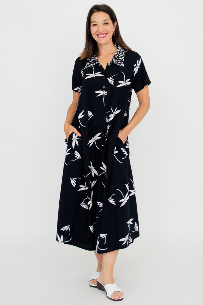 Cissy Women's Short Sleeve Summer Dress with Blue & White Dragonfly Print - Perfect for Beach Vacations, Garden Parties & Casual Outings