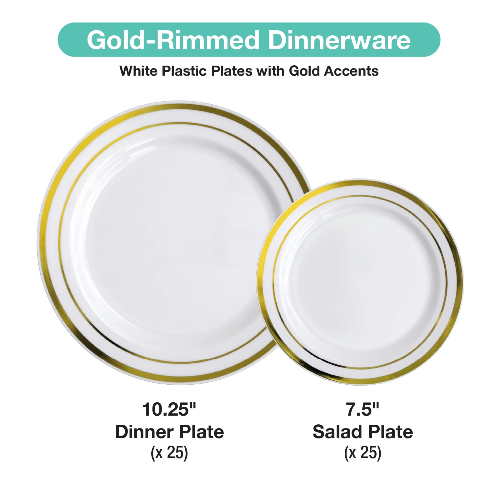 Premium Pre-Wrapped Cutlery Set - 25 Sets of Fork, Knife & Spoon with Napkins - Includes 25 Small & Large Gold Plates - Perfect for Weddings, Parties & Catering Events