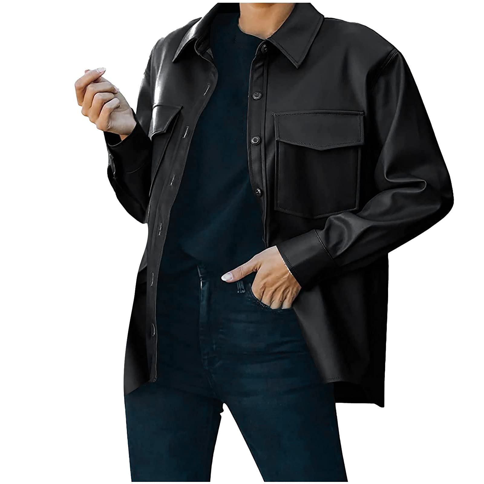 Stylish Women's Long Sleeve Button Up Leather Blazer with Chest Pockets - Fashionable Office Jacket & Casual Coat for Work, Dating & Outdoor Activities