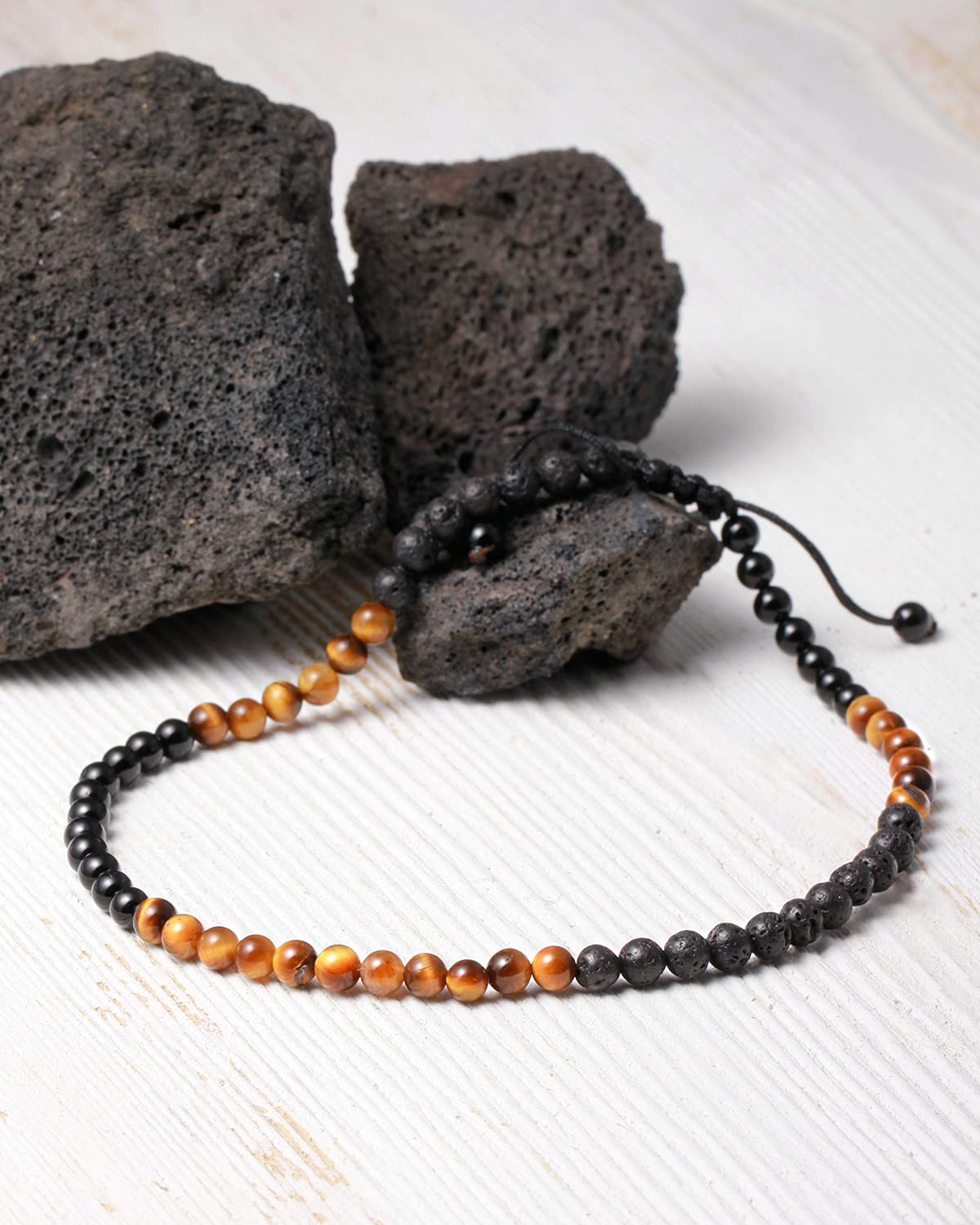 Healing Crystal Anklet Bracelet for Women - Tiger Eye, Lava Rock & Black Obsidian Gemstone Jewelry with Essential Oil Diffuser - Good Luck Charm for Yoga, Meditation & Spiritual Wellness