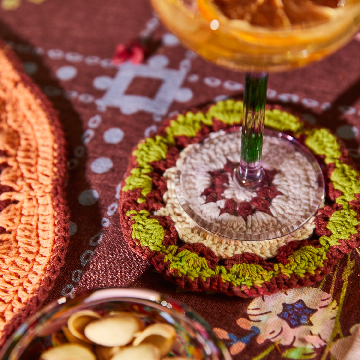Handmade Hema Crochet Coaster Set - 6-Piece Boho Home Decor, Absorbent Cotton Drink Coasters for Coffee Table, Dining Table, and Party Decorations