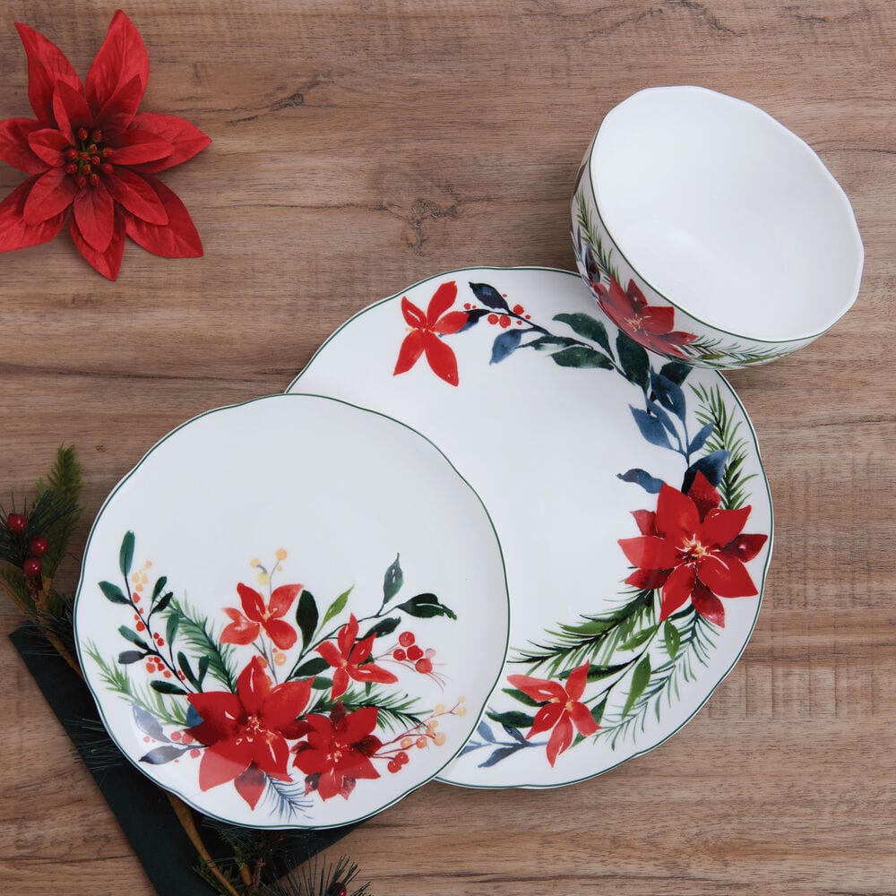 Merry Poinsettia 12-Piece Dinnerware Set - Service for 4 People - Elegant Holiday Tableware for Christmas Dinner & Festive Gatherings