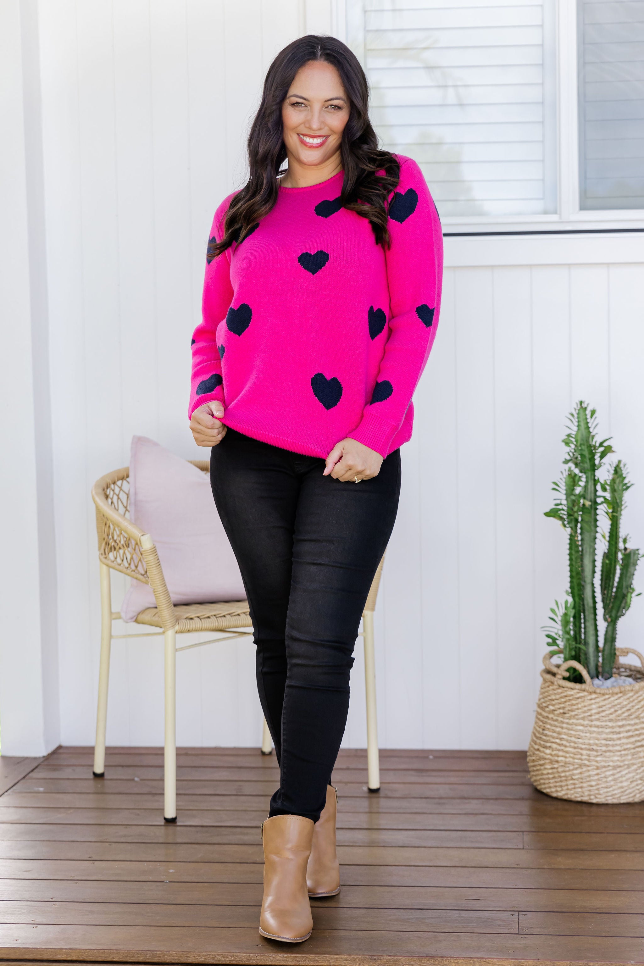 Amor Knit Jumper Women's Pink Sweater with Navy Hearts Design - Perfect for Casual Wear, Date Nights & Cozy Winter Outfits