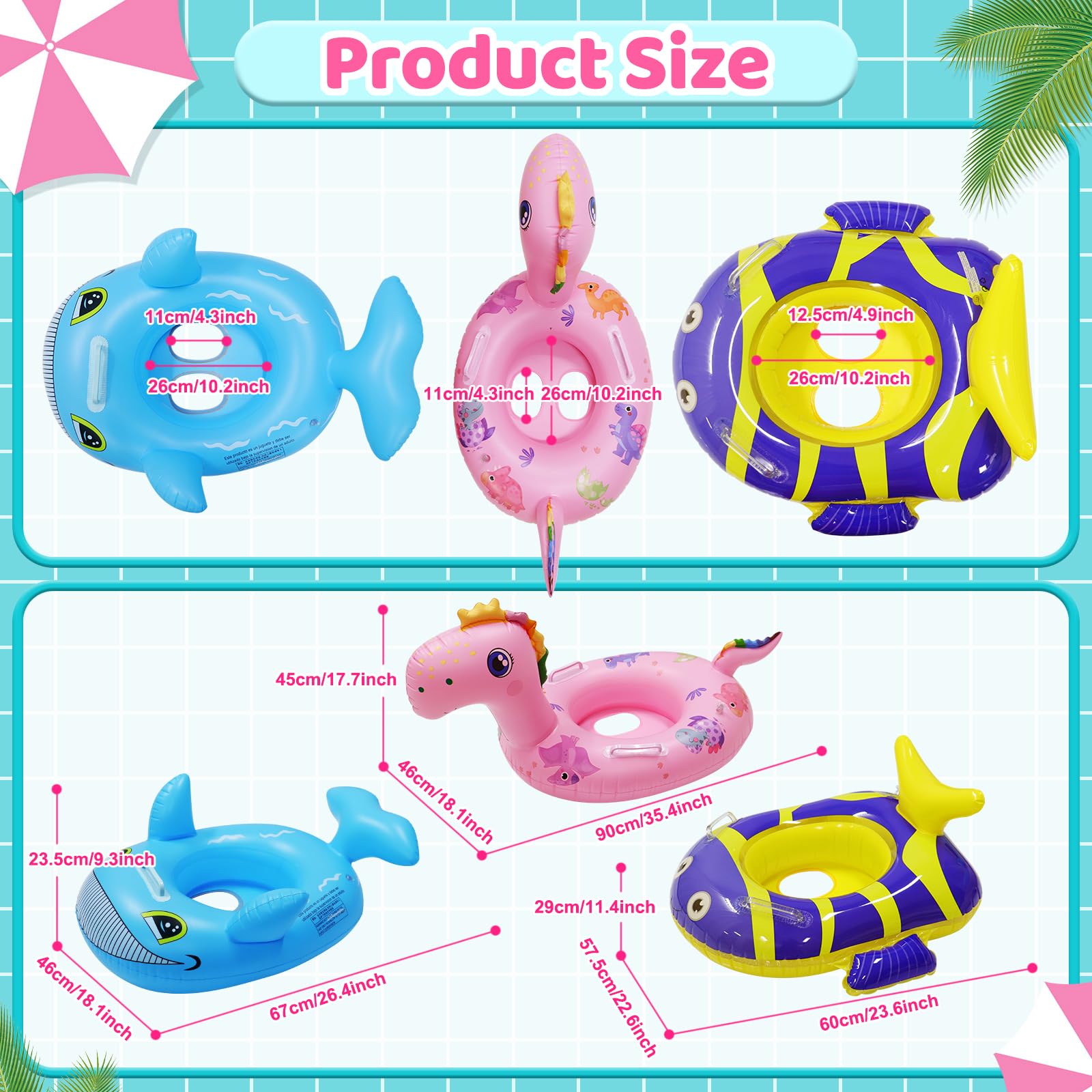 3 Pcs Inflatable Pool Floats for Kids & Toddlers - Animal Swim Tube Rings with Handle, Fun Water Toys for Boys Girls, Summer Beach Party Supplies, Perfect for Backyard Pools & Vacation
