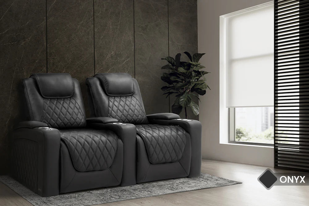 Luxury Home Theater Seating Set of 4 - Oslo Style Loveseat with Center Console in Onyx Black | Valencia 2025 Collection | Perfect for Movie Nights & Entertainment Rooms