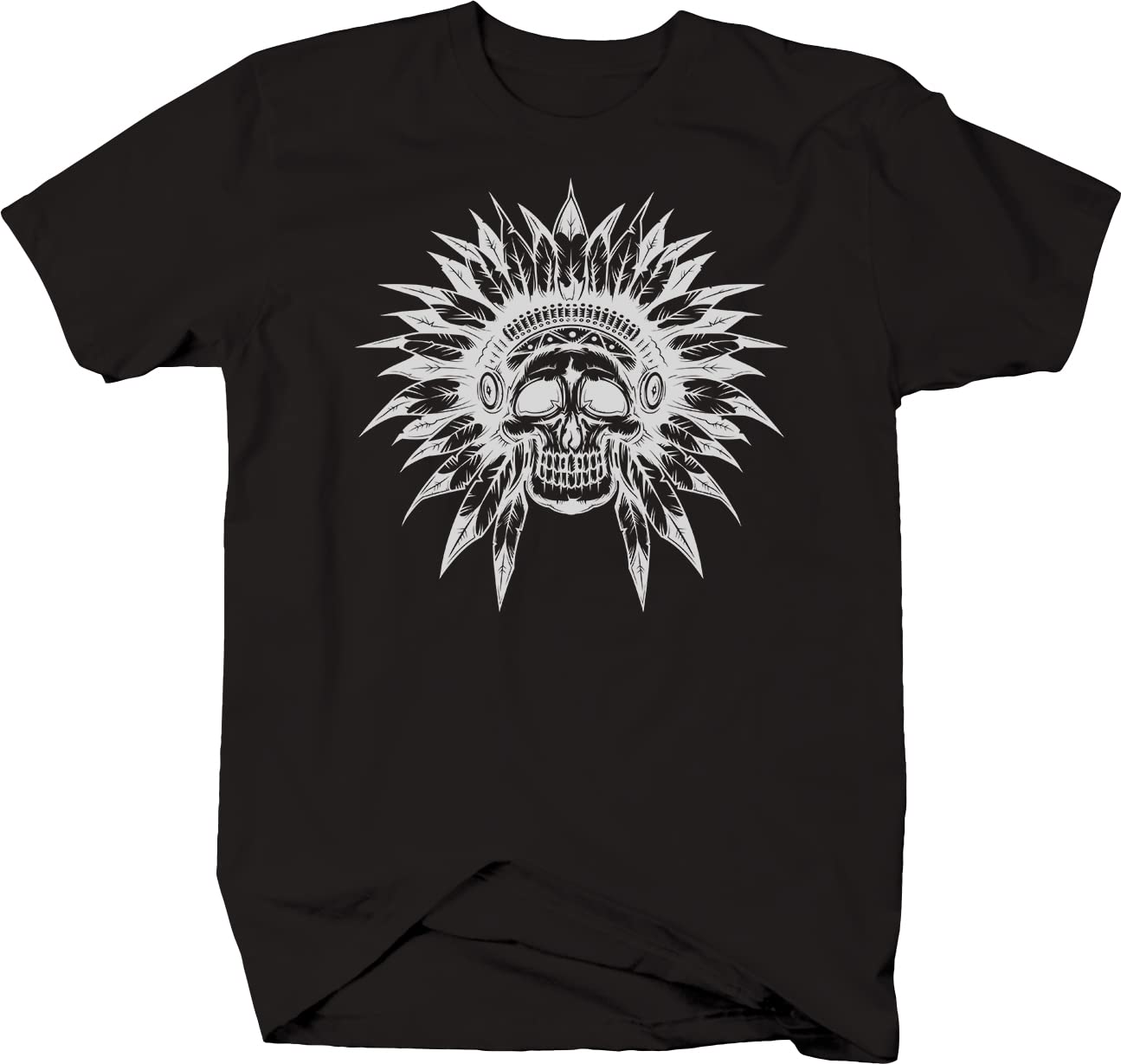 Native American Skeleton Feather Headdress Graphic T-Shirt for Men - Black | Casual Streetwear & Festival Outfit