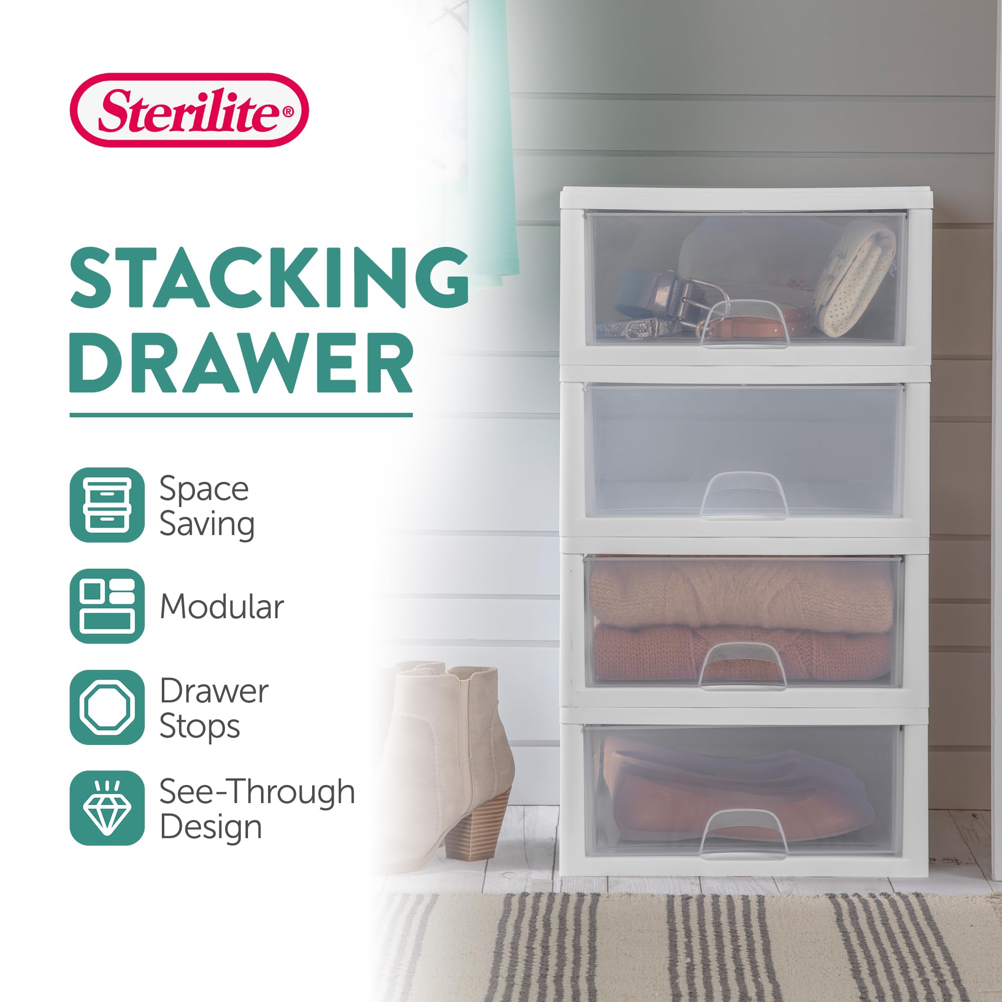 Sterilite 12-Pack Clear Plastic Stackable Drawers - 16 Quart Storage Bins with White Frame for Closet, Bedroom & Office Organization | Space-Saving Home Organizer Solution
