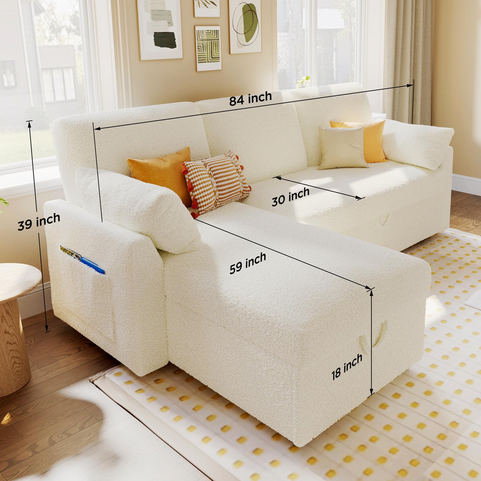VanAcc Sleeper Sofa Bed - 2-in-1 Convertible Pull Out Couch with Storage Chaise | White Sherpa Fabric | Space-Saving Living Room Furniture for Small Apartments & Guest Rooms
