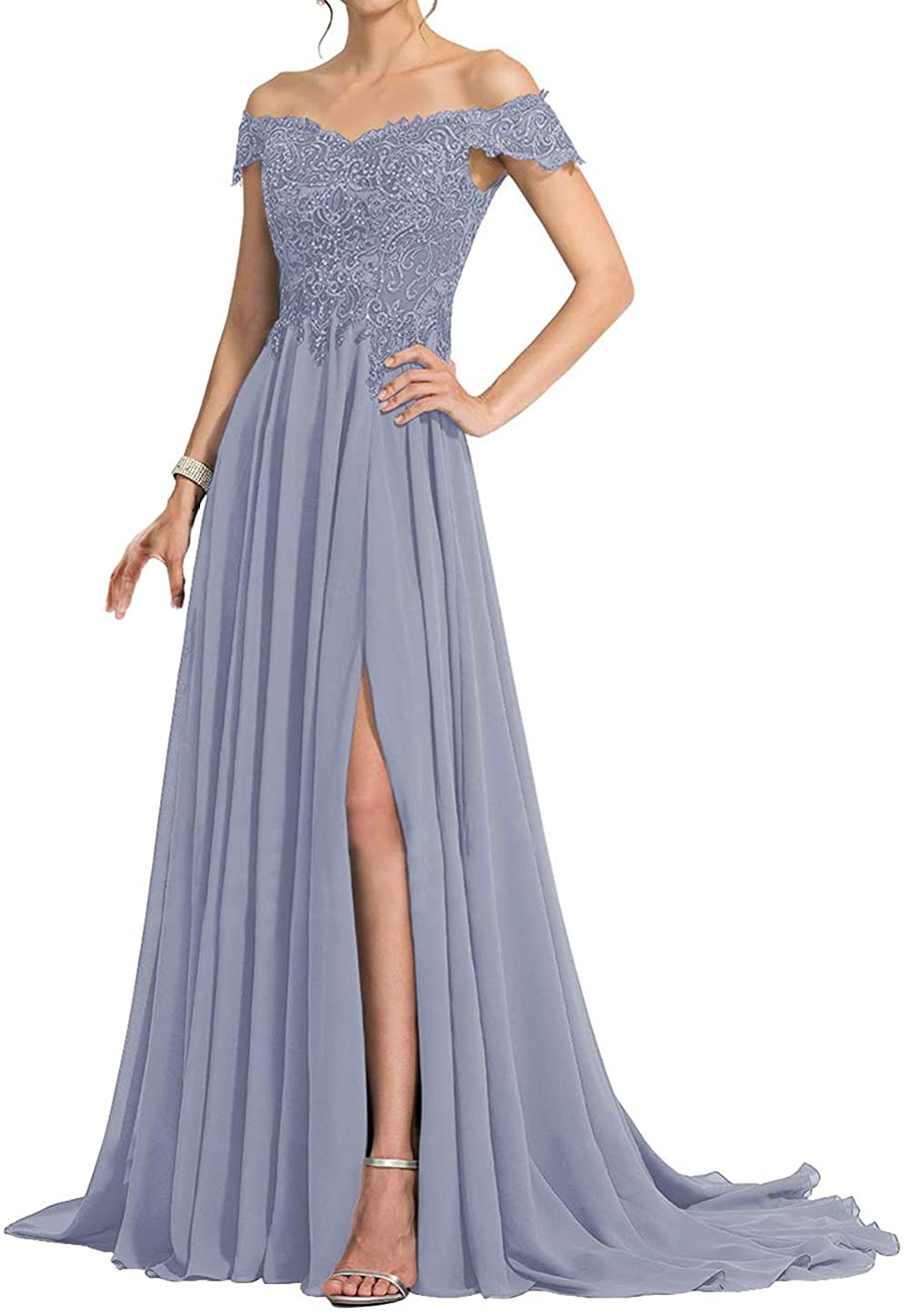 Elegant Off Shoulder Mother of The Bride Dress - Long Chiffon Lace Formal Evening Gown with Split for Weddings, Prom & Special Occasions