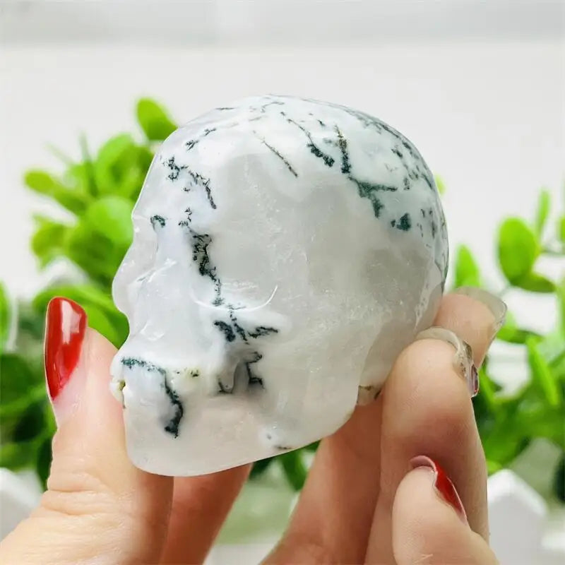4.9CM Natural Moss Agate Skull Carving Sculpture - Healing Crystal Gemstone for Home Decor, Meditation & Spiritual Healing - Unique Handcrafted Ornament for Office Desk, Altar Display or Gift Giving