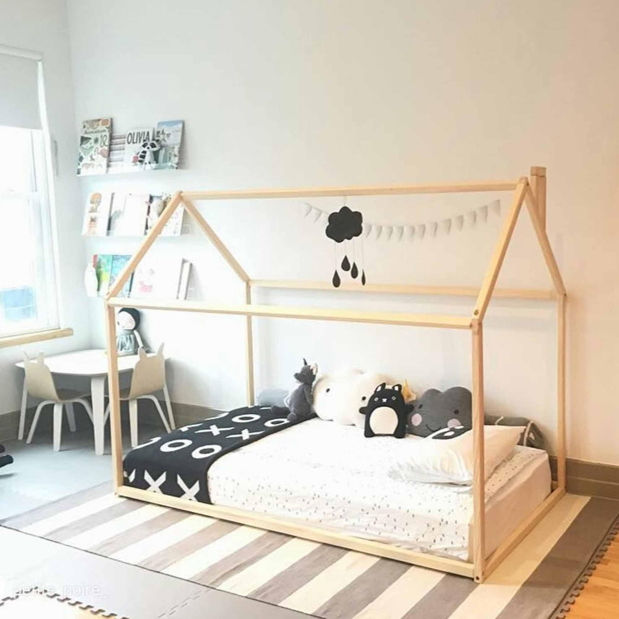 **Toddler Bed Frame - Wooden House Design Floor Bed with Twin Size Mattress Slats (39