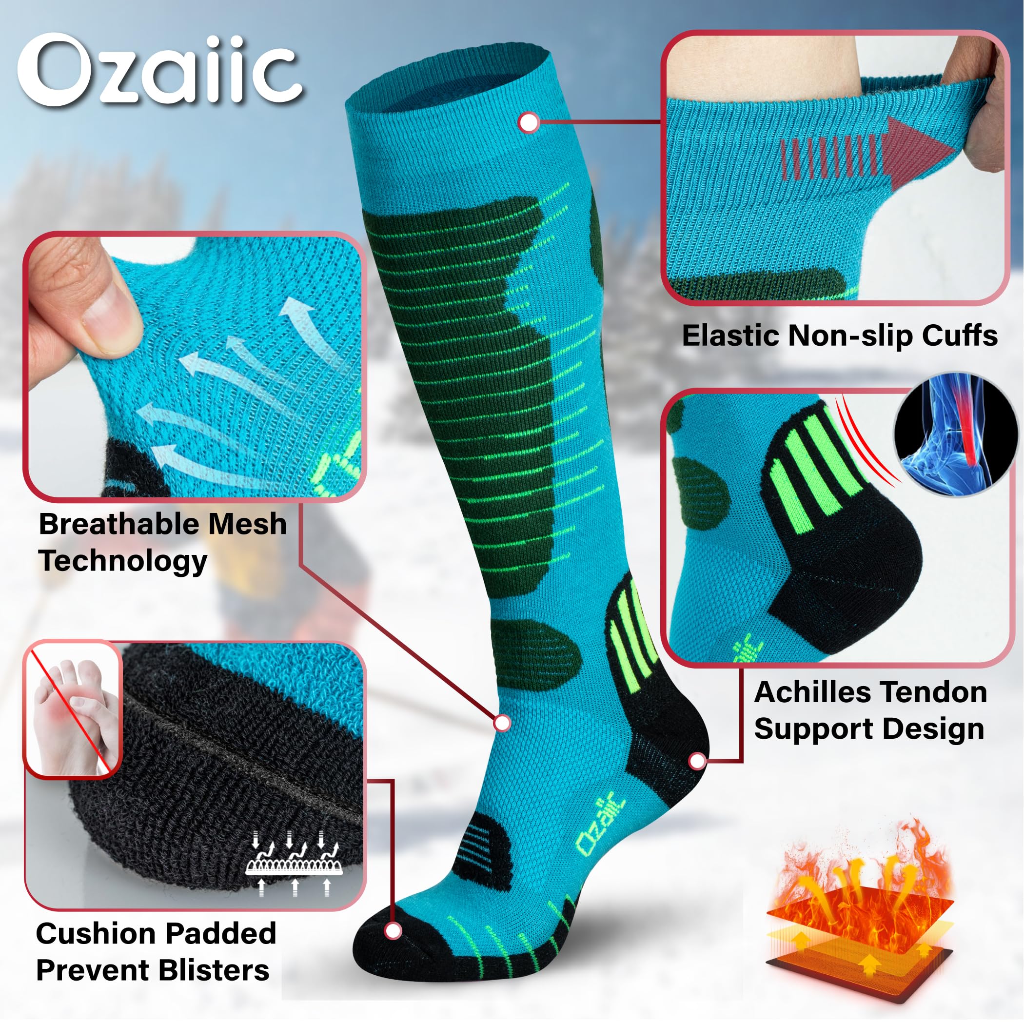 Merino Wool Ski Socks for Men & Women - 2 Pairs Warm Thermal Performance Socks for Skiing & Snowboarding