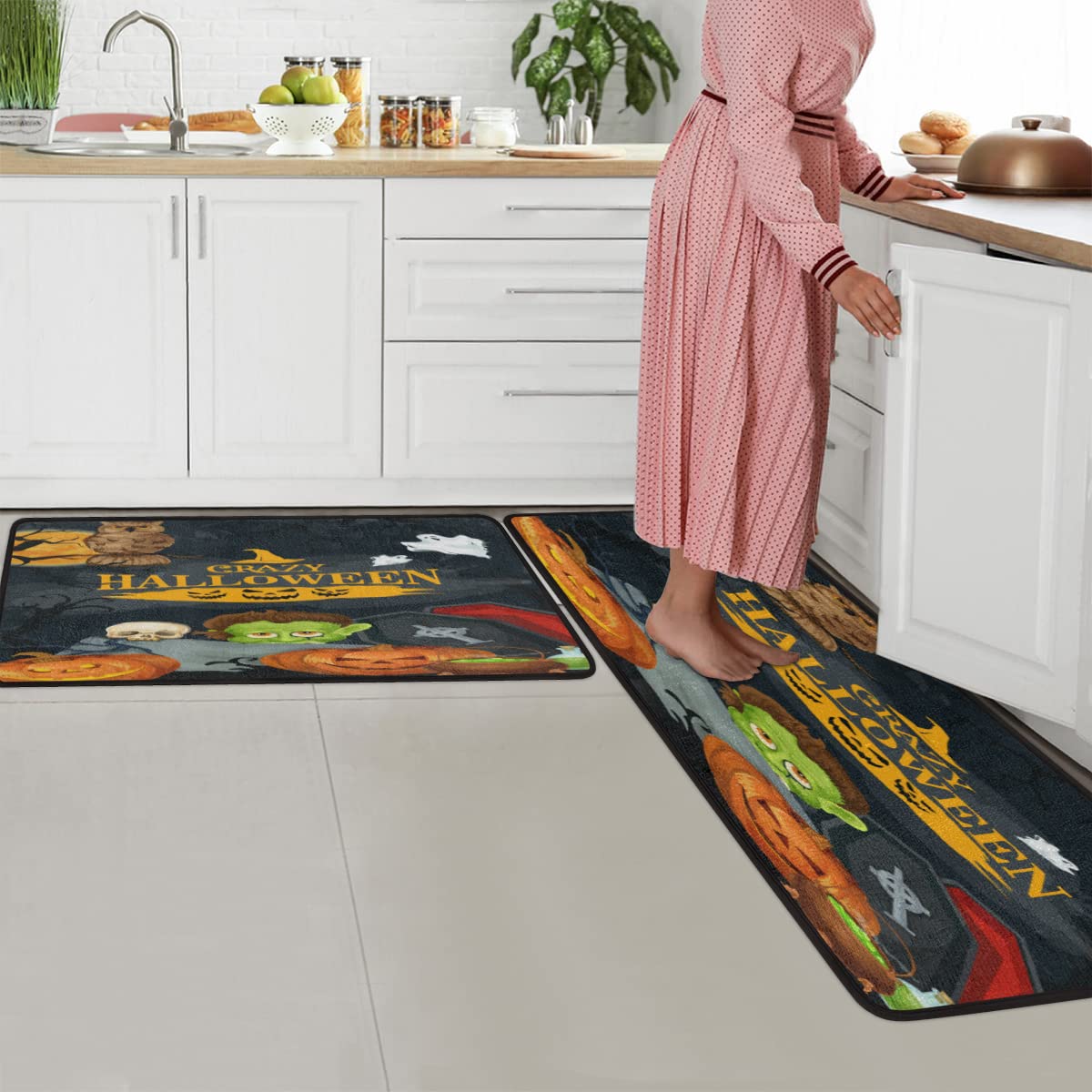 Non-Slip Washable Kitchen Rugs Set of 2 - Halloween Monsters Design Floor Mats for Kitchen, Bathroom, Living Room, Laundry, Bedroom & Entryway - Perfect for Home Decor, Safety & Comfort