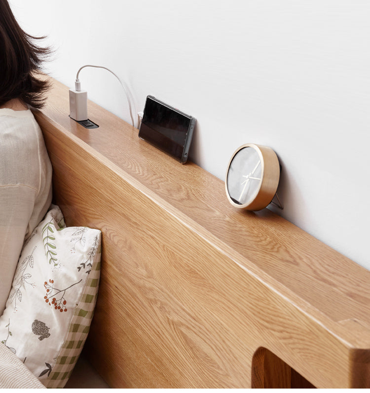 Solid Oak Wood Luminous Bedside Charging Shelf - Nightstand Organizer with USB Ports for Bedroom, Office & Dorm Room - Perfect for Phones, Tablets & Reading Lights