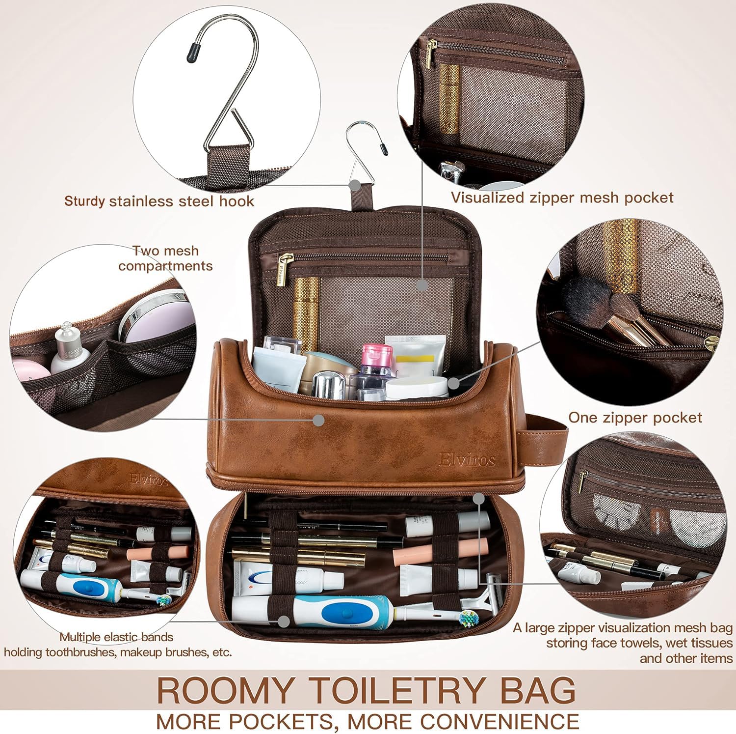 Elviros Leather Travel Toiletry Bag for Men & Women - Large Water-Resistant Hanging Toiletry Organizer with Hook - Perfect for Bathroom, Shaving Kit & Business Travel Accessories (Brown)