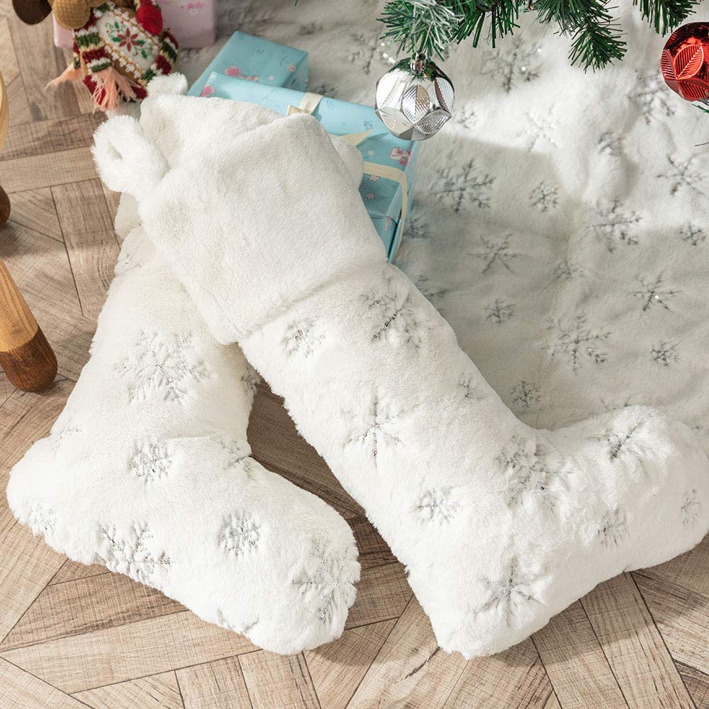2PCS Large Plush Christmas Stockings - 22 Inches White Faux Fur Xmas Stockings with Silver Sequin Snowflake Design for Fireplace Mantel Decor | Perfect for Holiday Gift Giving & Christmas Home Decor