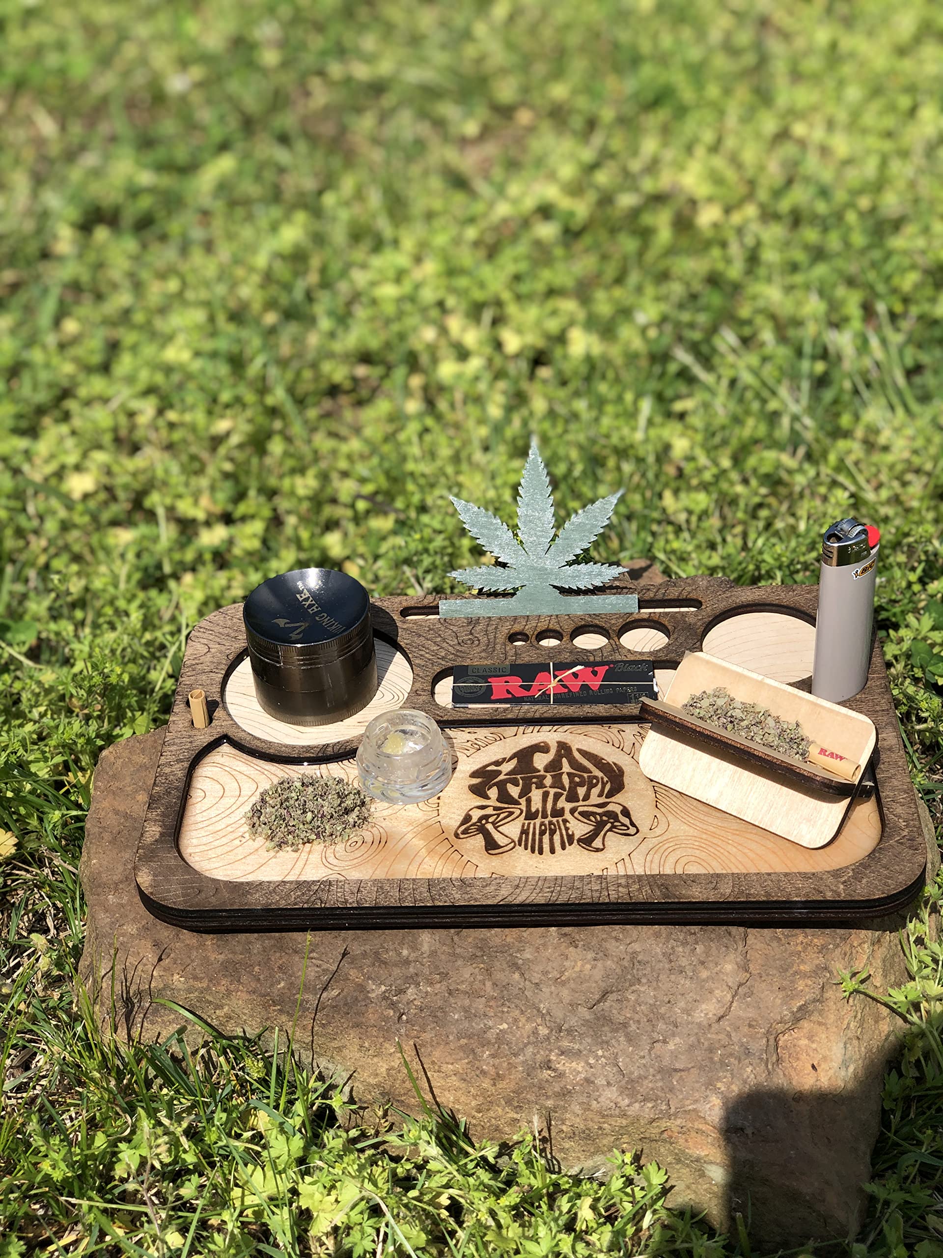 Wooden Rolling Tray Set with Epoxy Inlay & Laser Engraved Design - Includes Lighter Holder & Grinder Holder for Herbs - Perfect for Smoking Accessories Organization & Aesthetic Rolling Experience