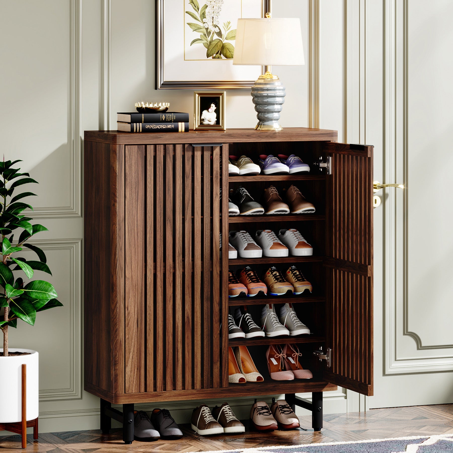 6 Tier Wooden Shoe Cabinet with Louvered Doors & Adjustable Shelves - Space Saving Entryway Storage Organizer for Shoes, Boots & Home Decor - Perfect for Hallway, Closet & Apartment Living