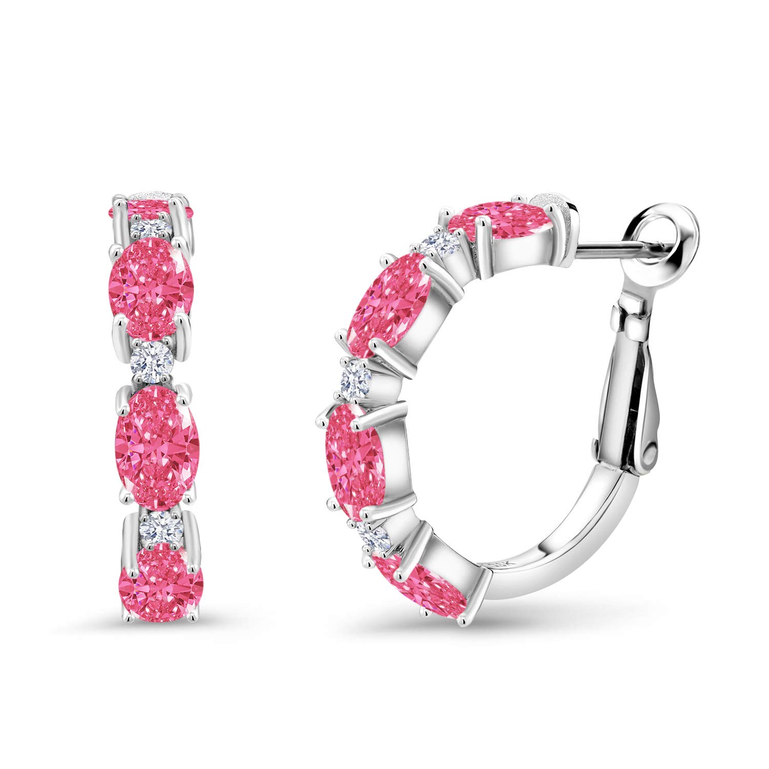 925 Sterling Silver Hoop Earrings with Pink Zirconia - 6x4mm Gemstone King Set | Elegant Jewelry for Women, Perfect for Parties, Weddings & Everyday Wear