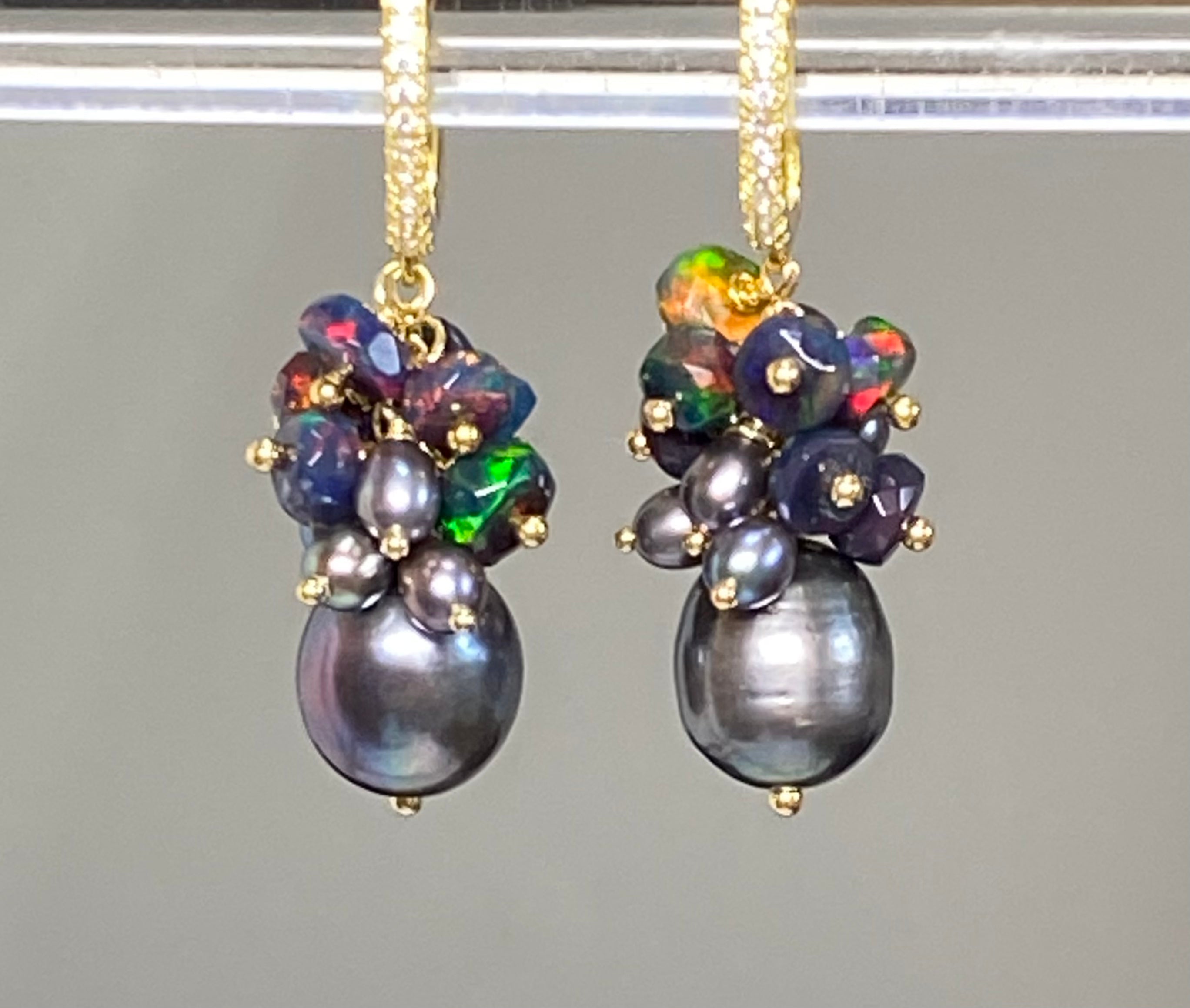 Black Grey Pearl Black Opal Cluster Earrings in Gold - Elegant Dangle Earrings for Women, Perfect for Parties, Weddings & Special Occasions