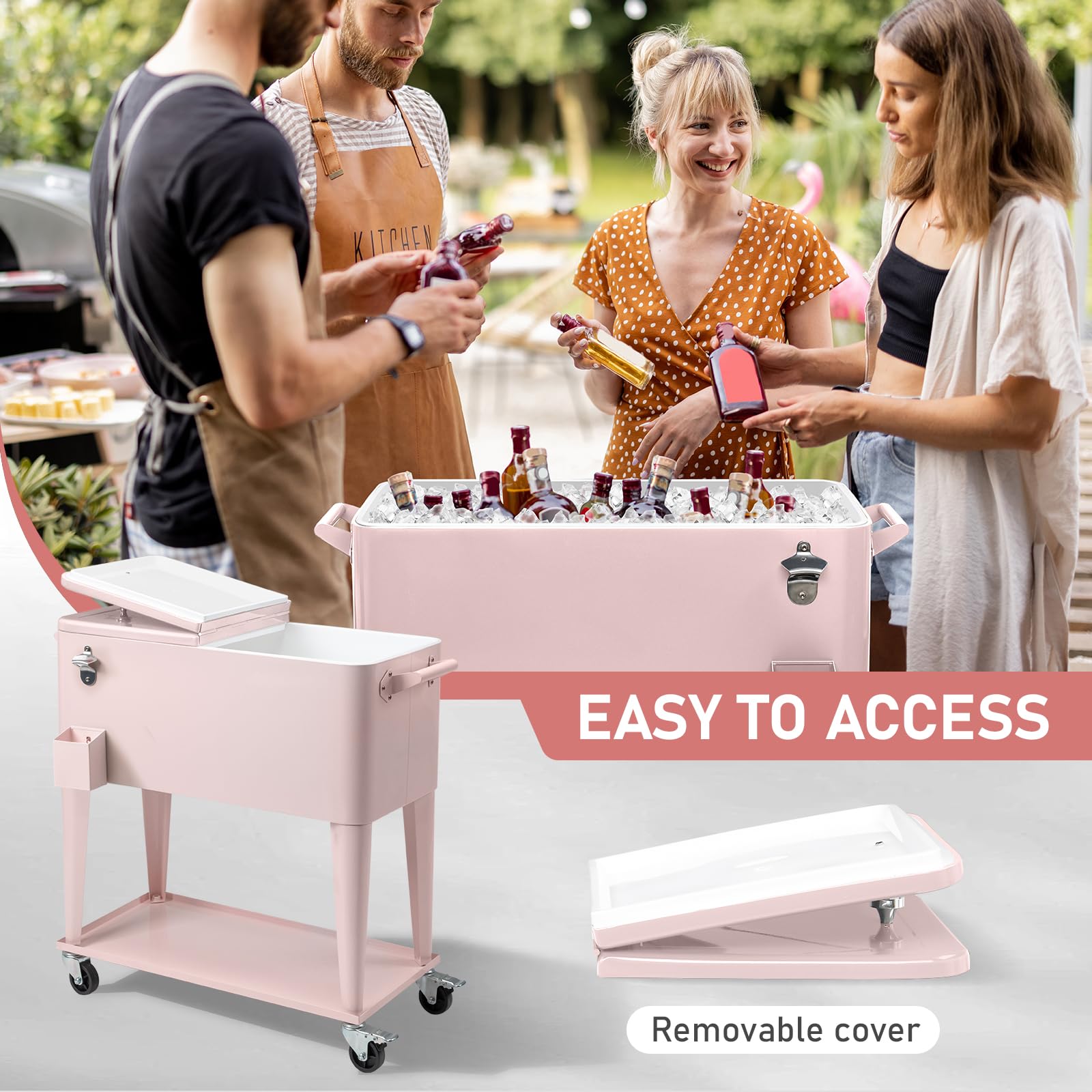Outvita 80 Quart Rolling Ice Chest Cooler - Portable Wheeled Drink Cooler with Catch Basin, Bottom Storage Tray & Bottle Opener - Perfect for Outdoor Parties, BBQ, Beach Trips & Camping Adventures