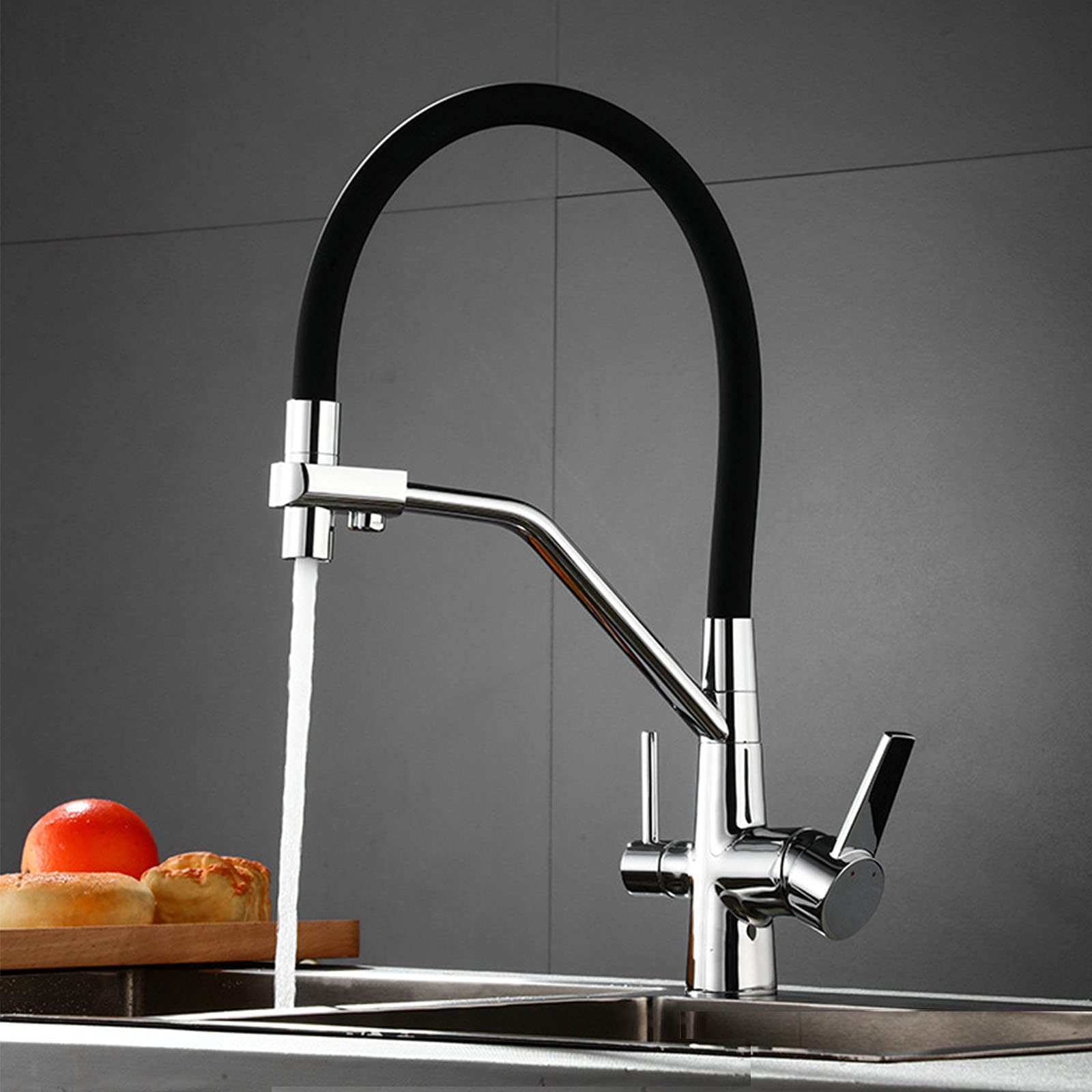 Premium Solid Brass Pull-Out Swivel Kitchen Faucet with Dual Handle & High Arc - 3-in-1 Water Filter Purifier System with Drinking Water Faucet (Chrome Finish) - Perfect for Modern Kitchens, Home Renovations & Water Purification Needs