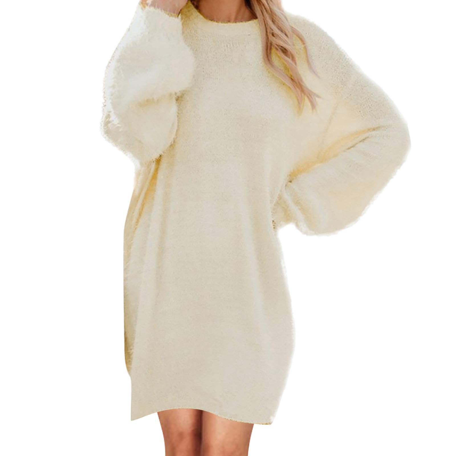 Women's Fuzzy Fleece Sweater Dress 2025 - Mid-Length Fall Knit Dress Plus Size | Cozy Winter Outfit for Office, Date Night & Casual Wear