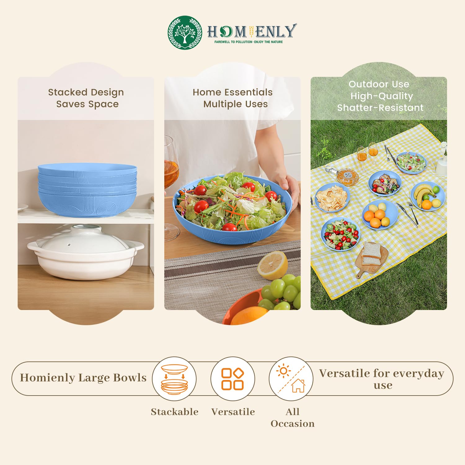 Eco-Friendly Wheat Straw Salad Bowls Set of 6 - 10 Inch Large Serving Bowls (65 oz) | Microwave & Dishwasher Safe Wide Shallow Bowls for Kitchen, Parties & Picnics - Sky Blue