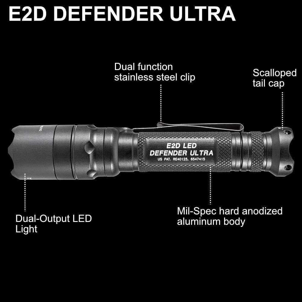 SureFire E2D Defender Ultra (E2DLU-A) 1000 Lumens Tactical Flashlight - Dual-Output LED, Tailcap Click Switch - Includes 4 CR123A Batteries & Case - Perfect for EDC, Self Defense, Camping & Emergency Preparedness